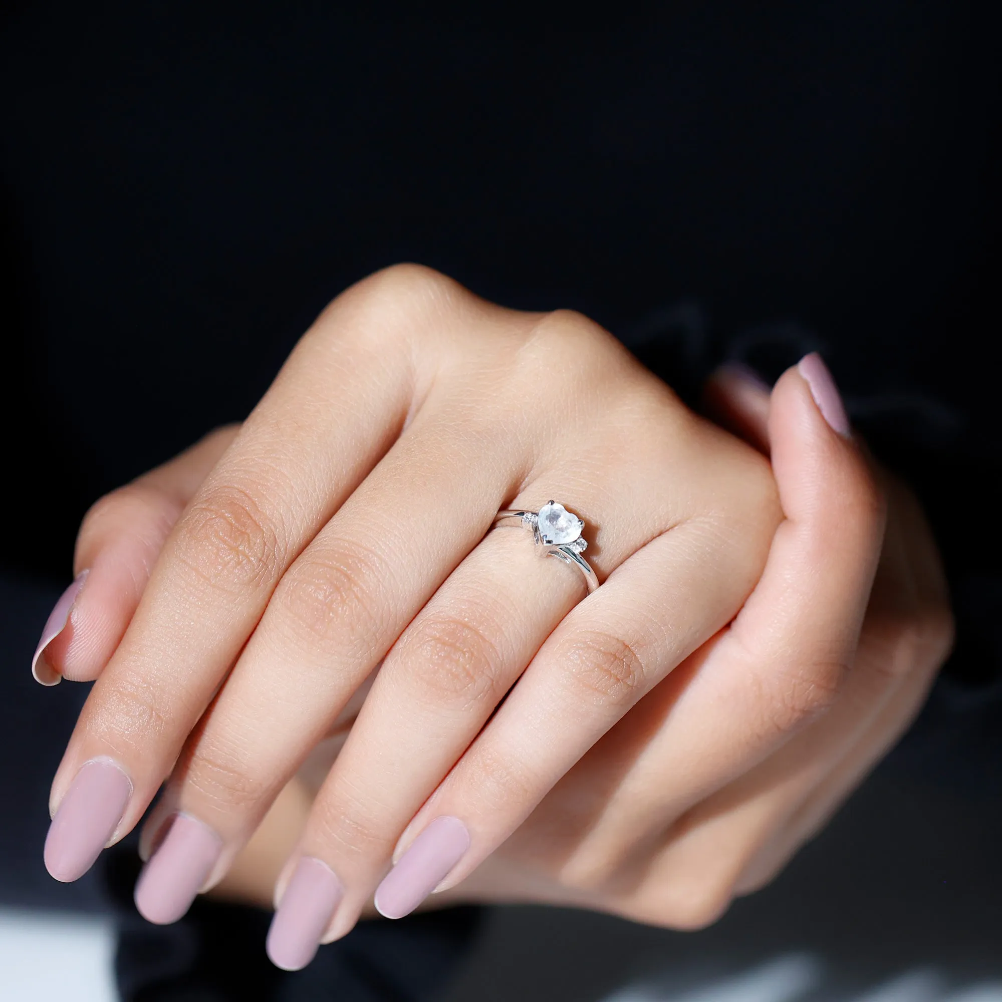 Heart Shape Real Moonstone Solitaire Promise Ring with Diamond