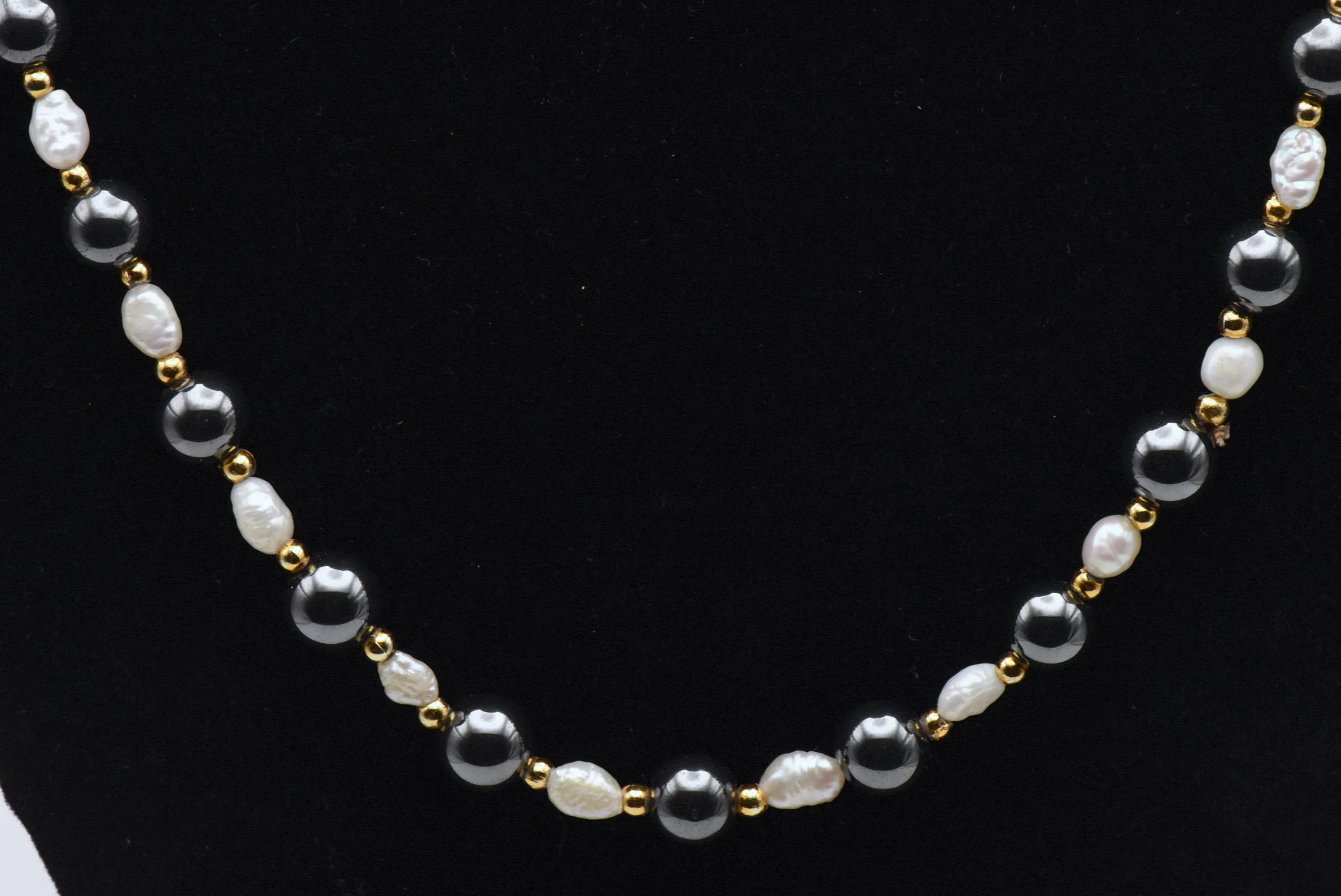 Hematite and Freshwater Pearls Necklace - 24"