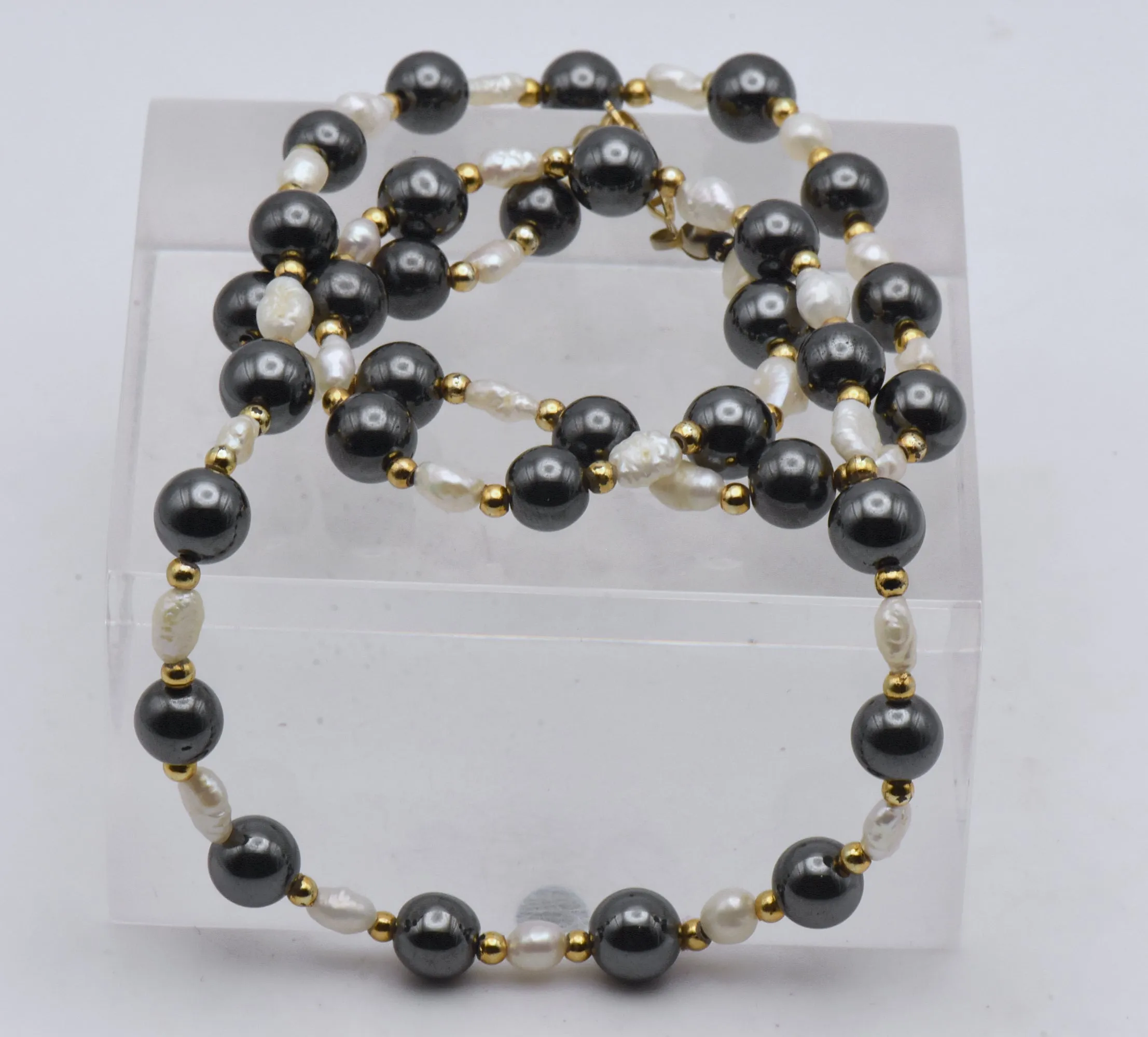 Hematite and Freshwater Pearls Necklace - 24"