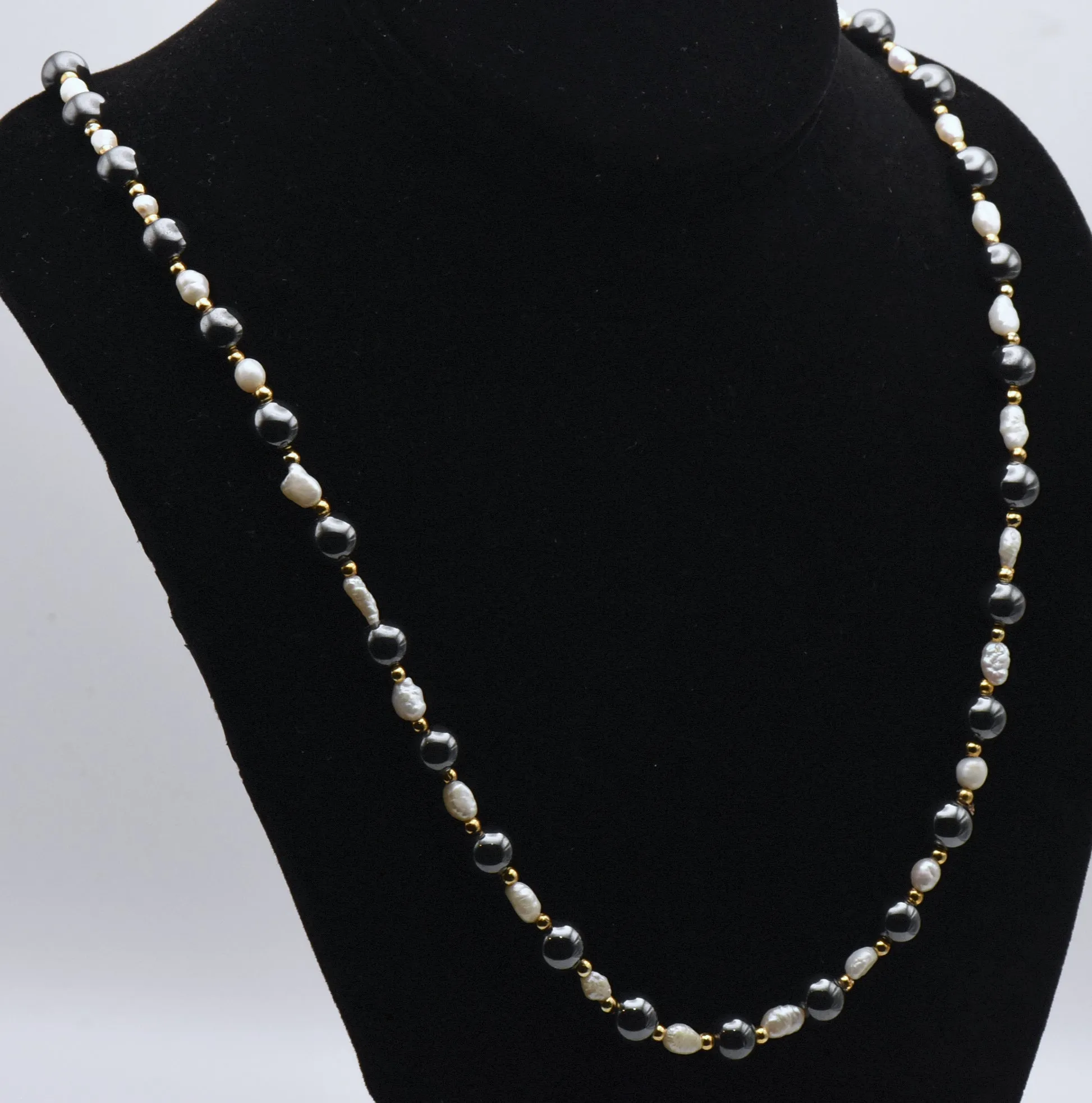 Hematite and Freshwater Pearls Necklace - 24"