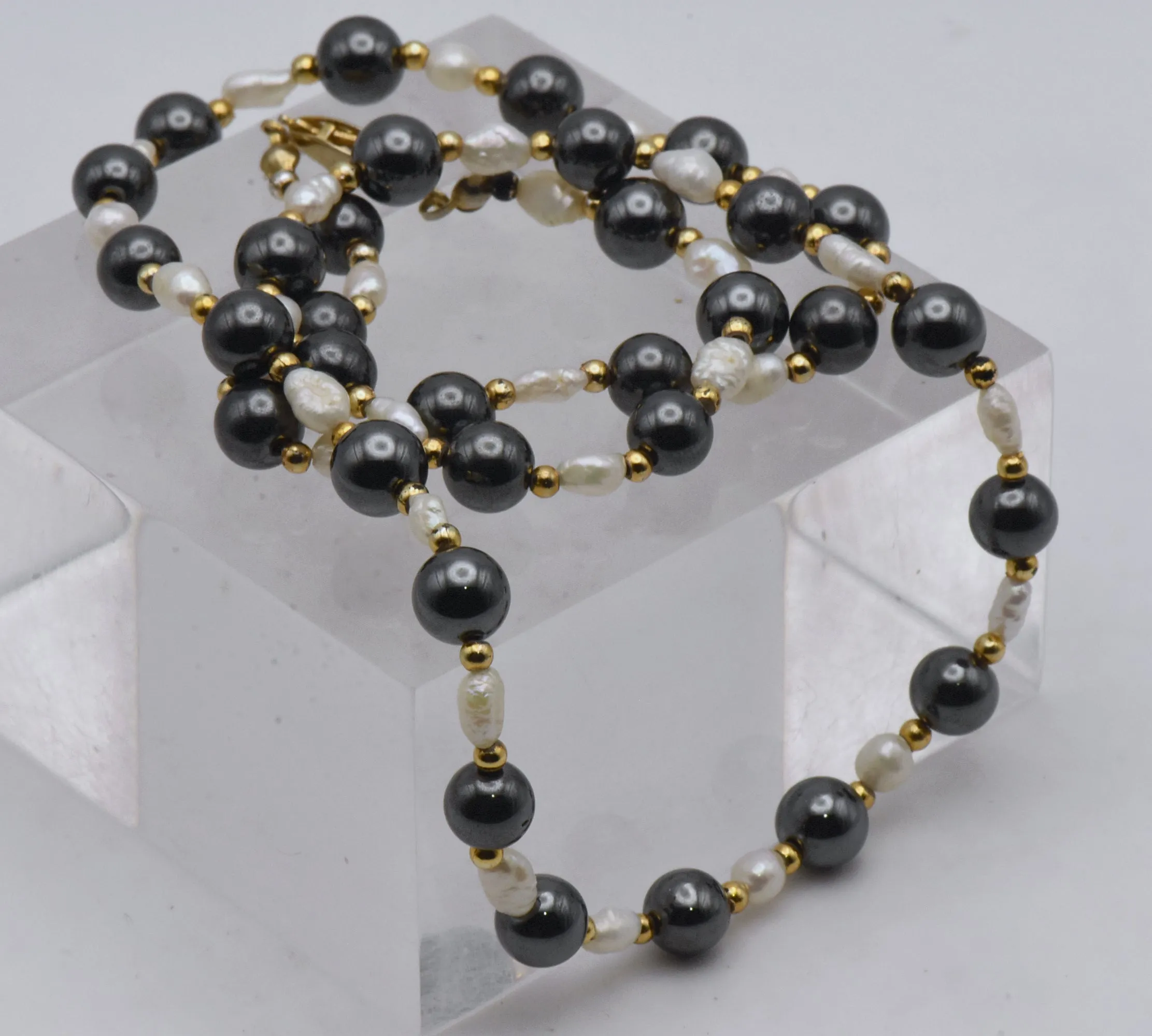 Hematite and Freshwater Pearls Necklace - 24"