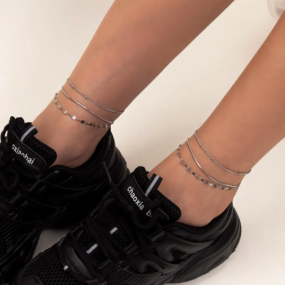 Hip-hop Style Metal Copper And Iron Thin Chain Set Anklet