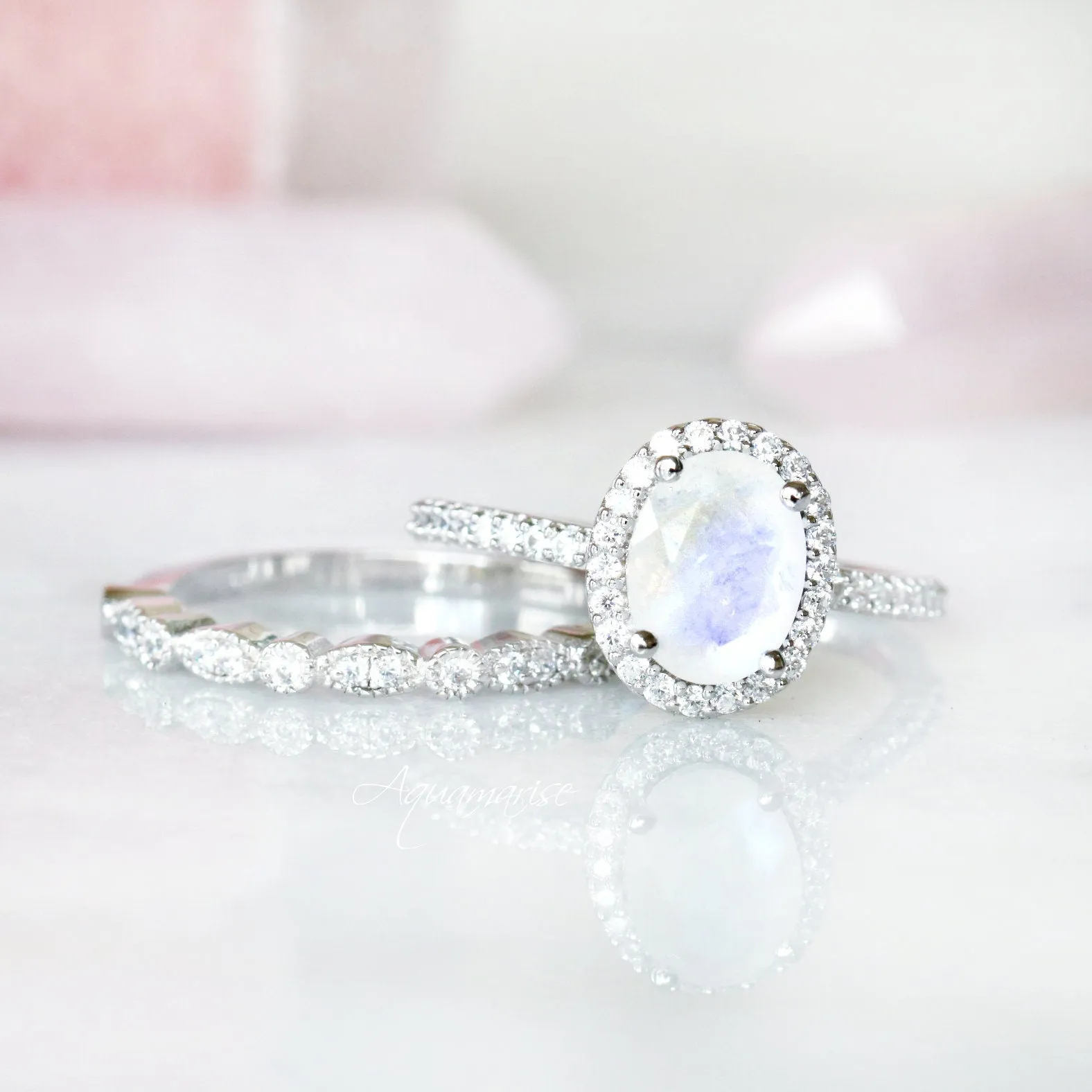 Iris Natural Rainbow Moonstone Ring- Sterling Silver