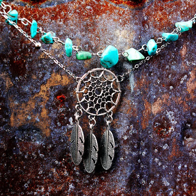 Irregular Natural Peacock Turquoise Hollow Dream Catcher Feather Anklet