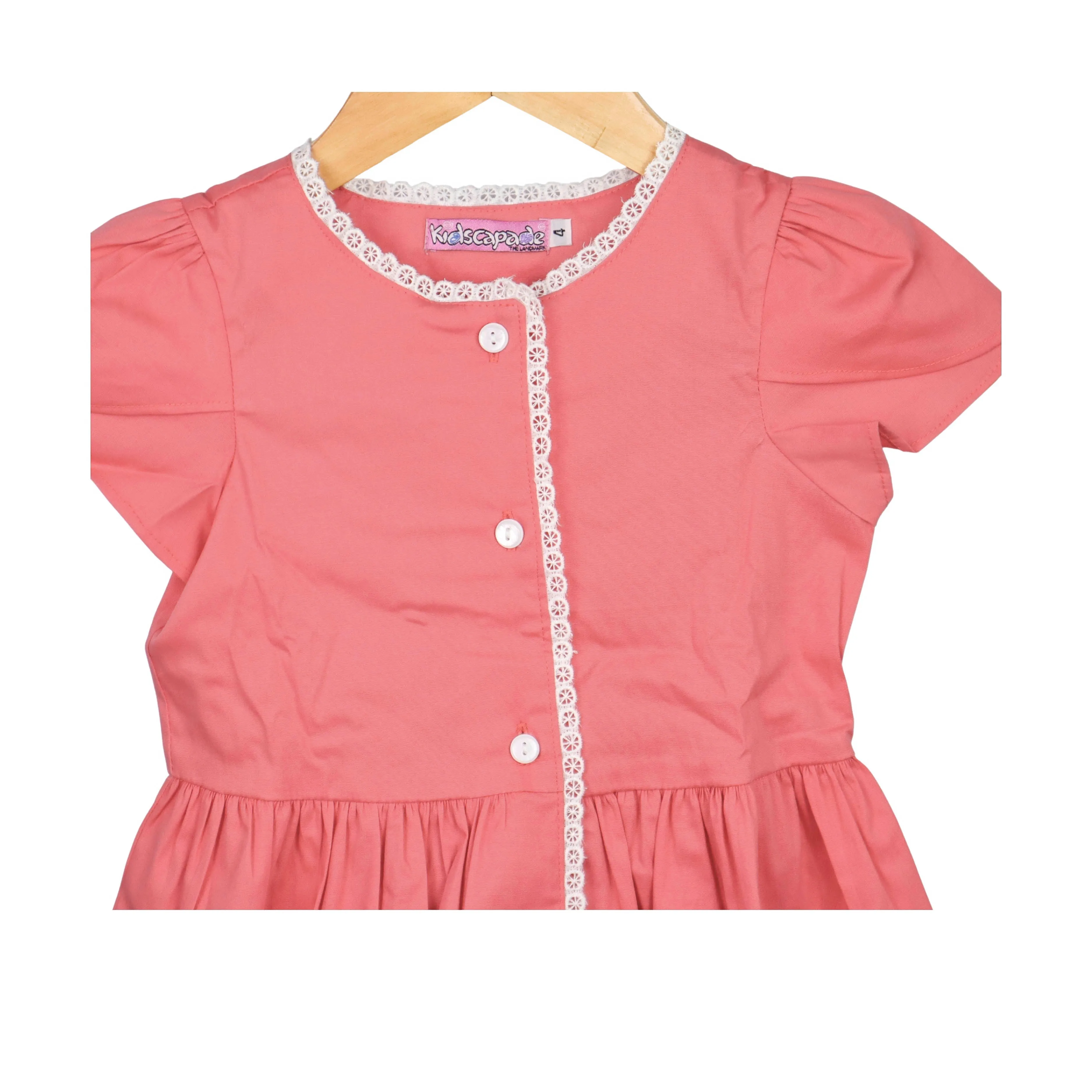 Kidscapade P. Cabbage Sleeves Plain Dress with Lace - Coral