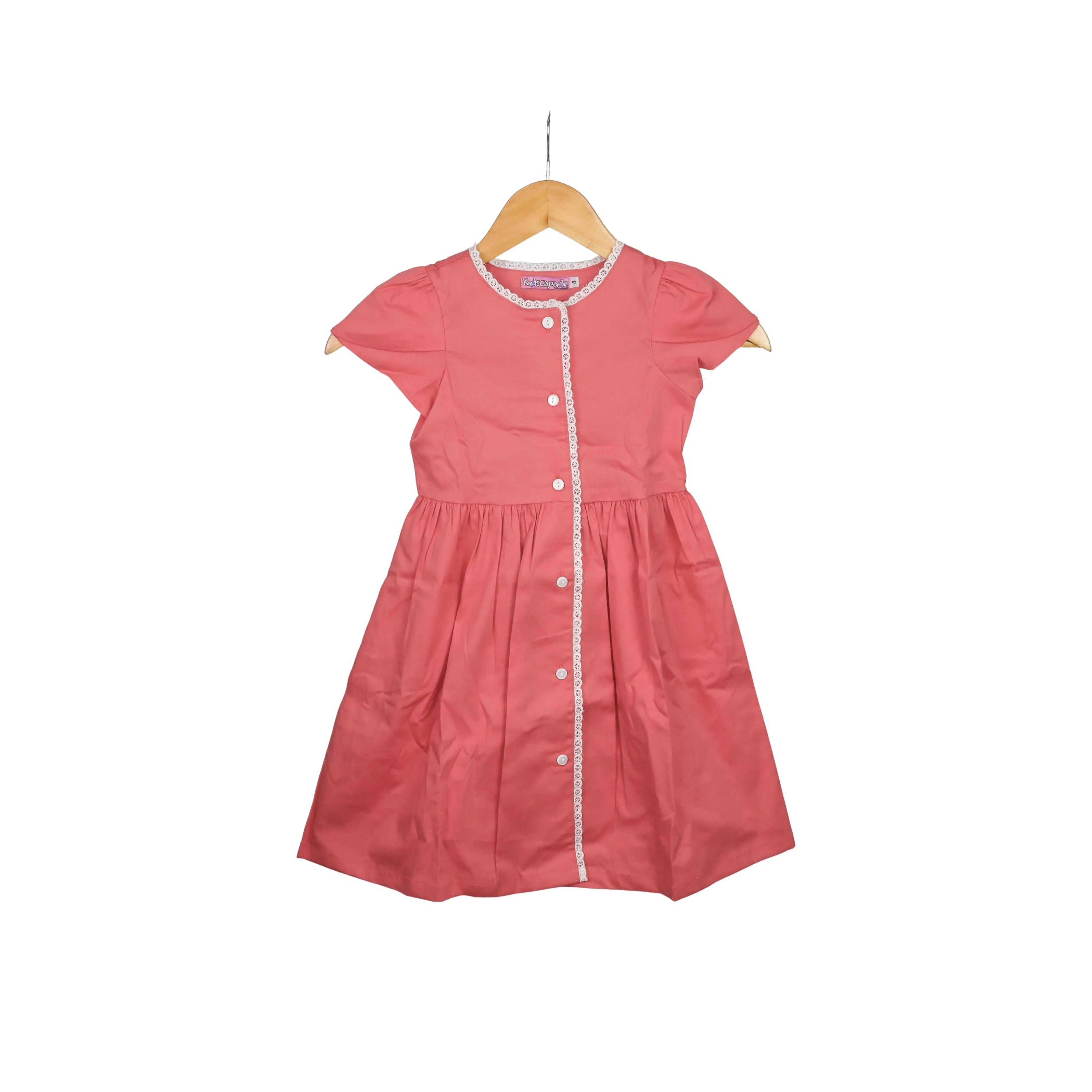 Kidscapade P. Cabbage Sleeves Plain Dress with Lace - Coral