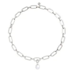 Link Chain Necklace and Baroque Pearl Charm Silver Set