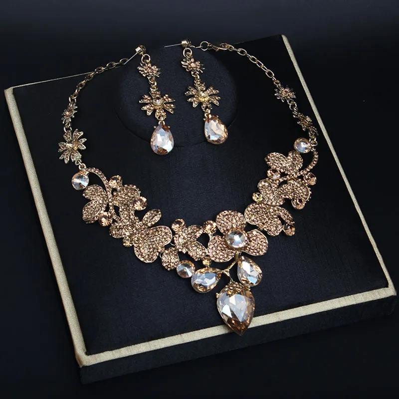 Luxury Crystal Necklace Earrings Set Rhinestone Choker Statement Jewelry Set for Women Wedding Party Bridal Evening Accessories