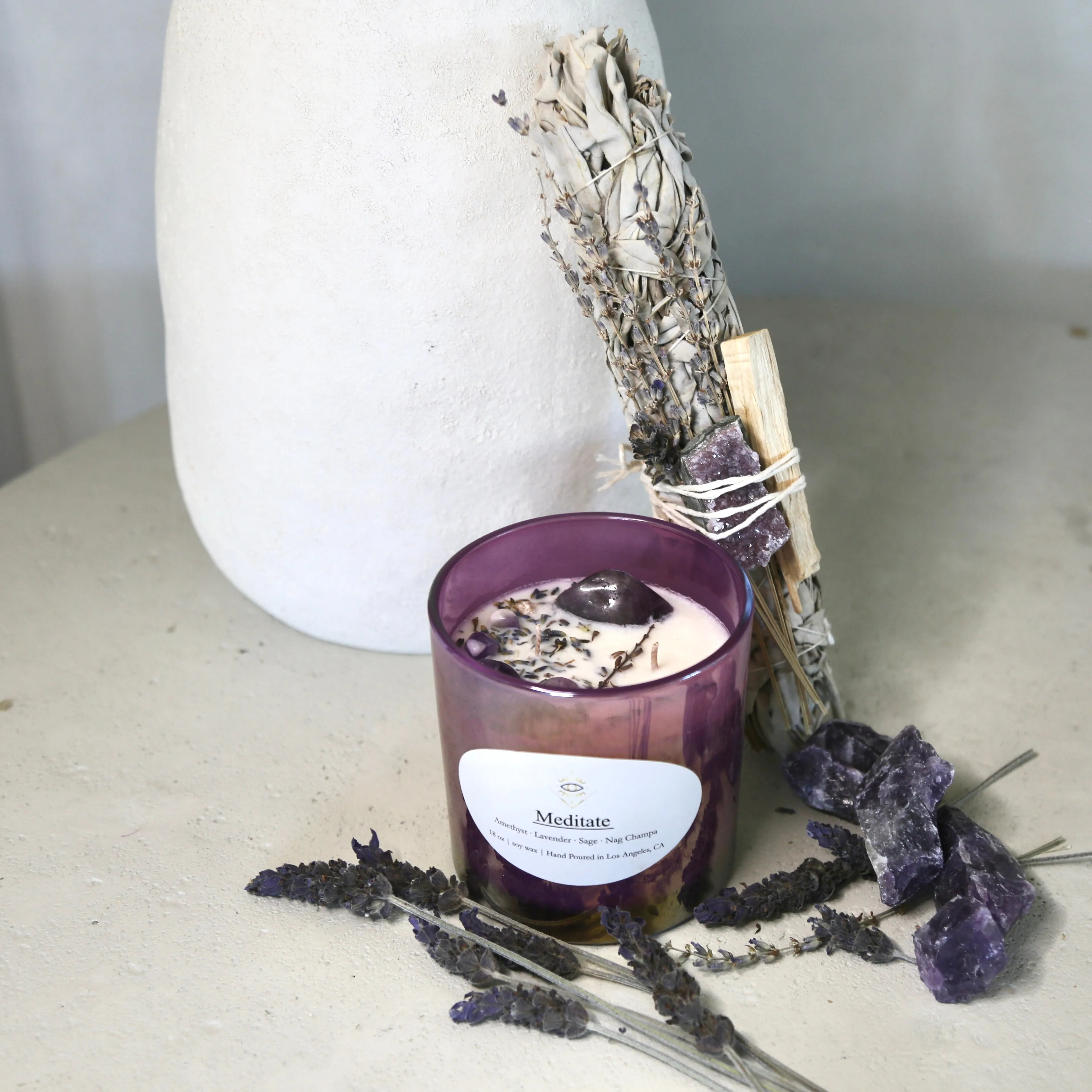 Meditate Intention Candle: Amethyst Crystals