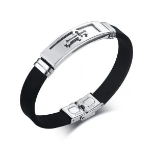 Men's Cross Bracelet <br> Rubber Silvered Cross