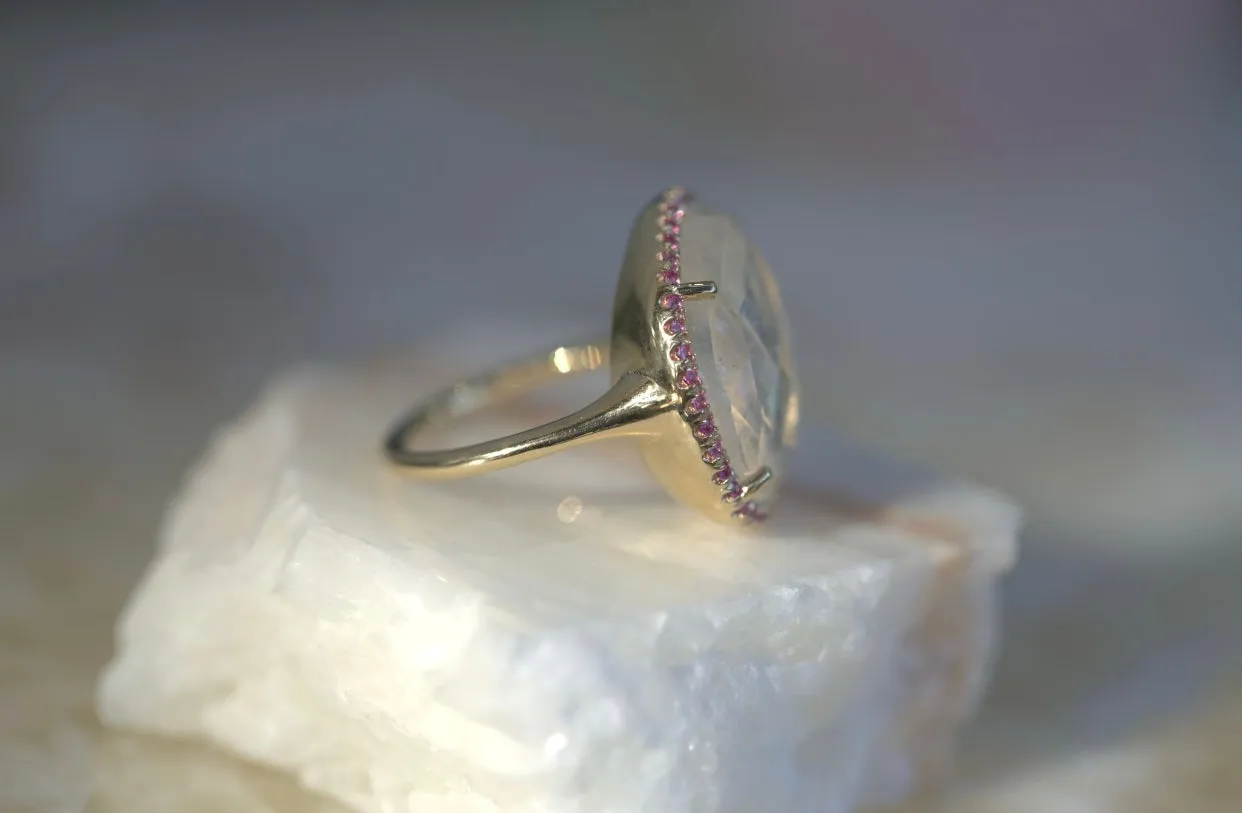 Moonstone Slice with Pink Sapphire Halo Ring