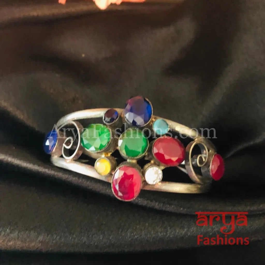 Multicolor Stone Silver Cuff Bracelet