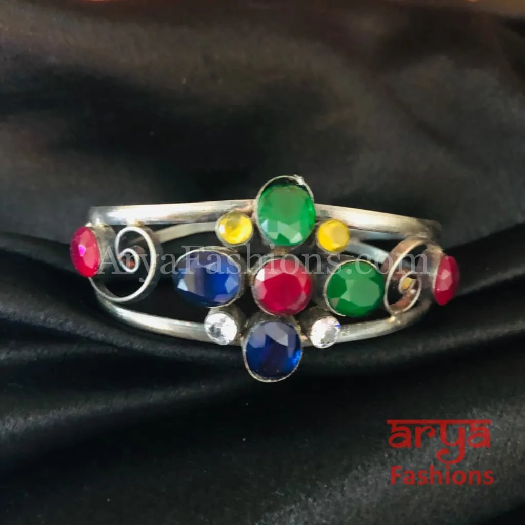 Multicolor Stone Silver Cuff Bracelet