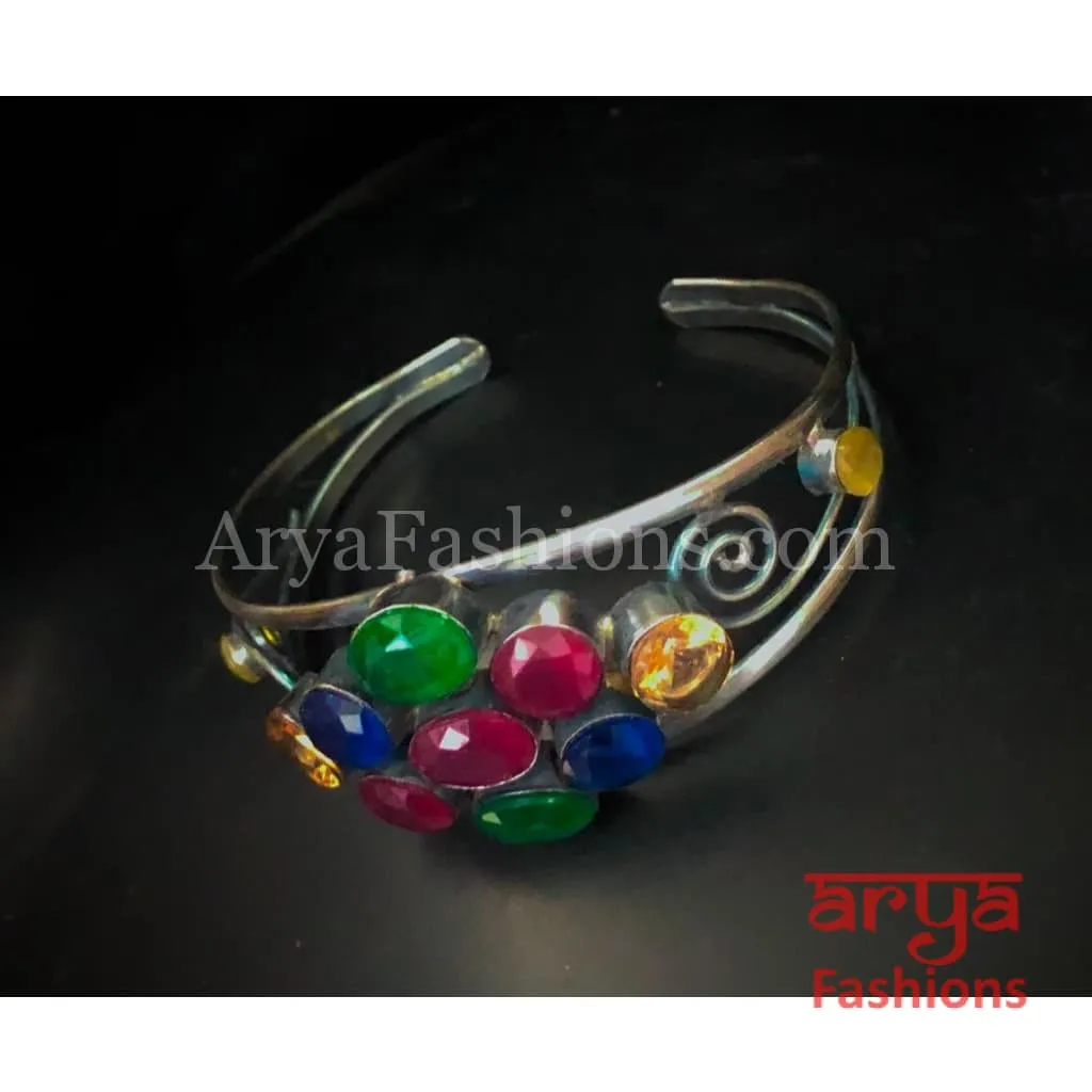 Multicolor Stone Silver Cuff Bracelet