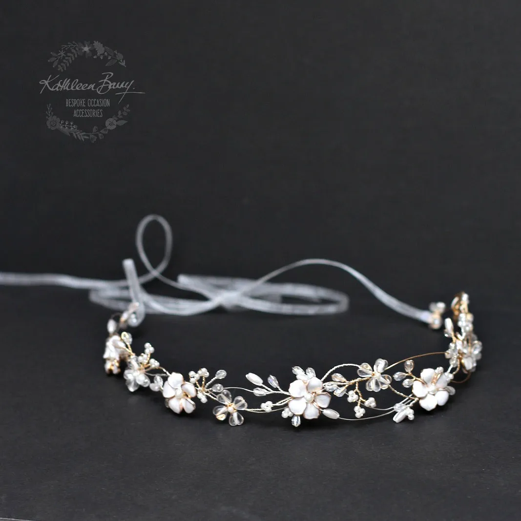 Naomi Wreath Bridal hair vine, crystals, pearls flower wreath, silver & gold plated wirework