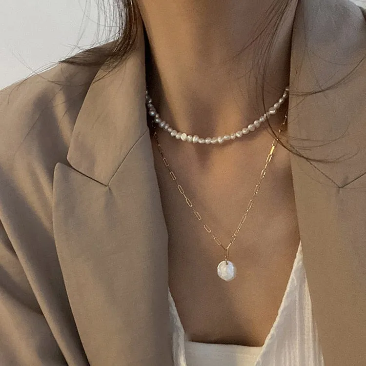 New Vintage Irregular Pearl Jewelry Gold Plated Chunky Link Chain Layered Necklaces for Women Ladies Pearl Necklace