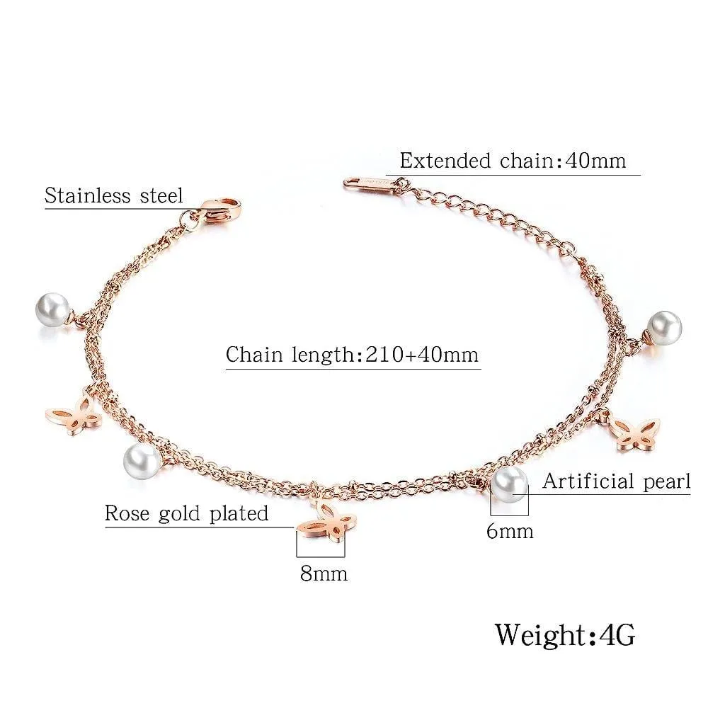 Nisha Butterflies and Pearls Ankle Jewellery Rose Gold Layered Anklet