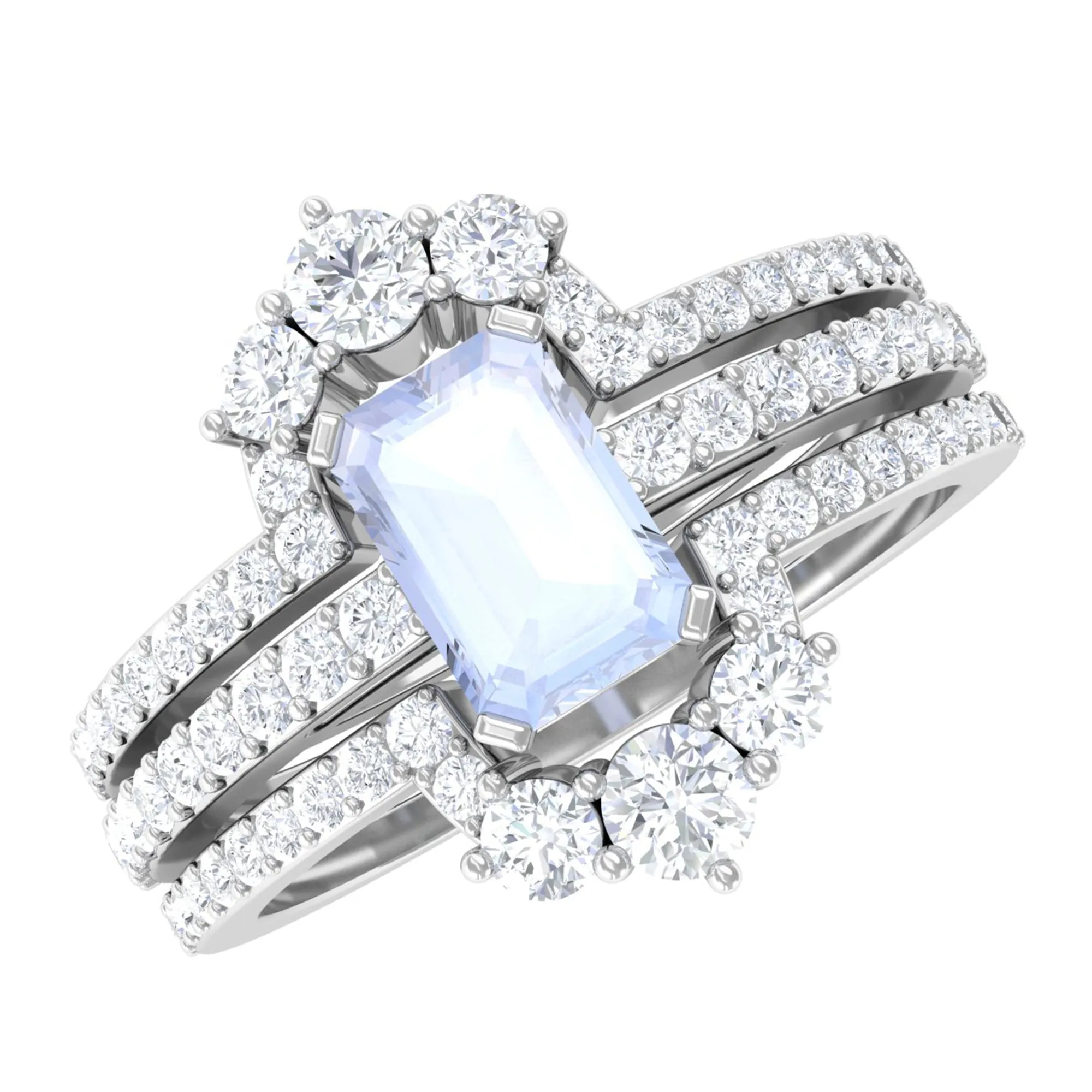 Octagon Cut Moonstone Solitaire Trio Ring Set with Moissanite