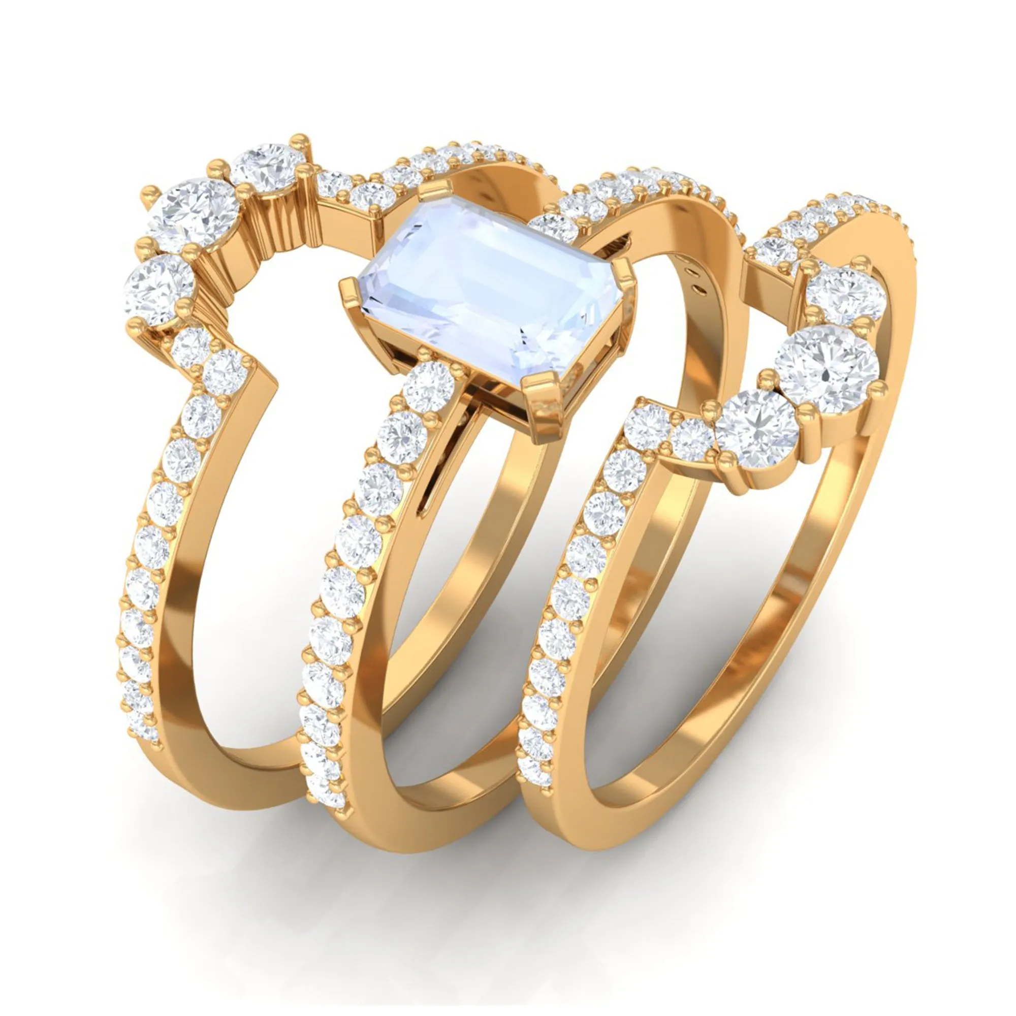 Octagon Cut Moonstone Solitaire Trio Ring Set with Moissanite