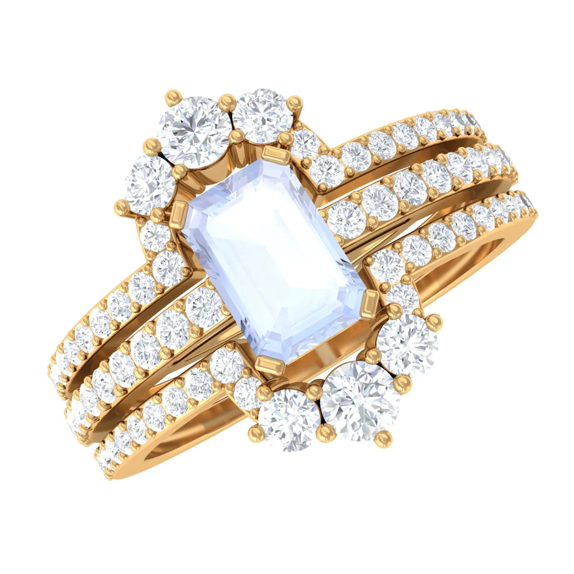 Octagon Cut Moonstone Solitaire Trio Ring Set with Moissanite