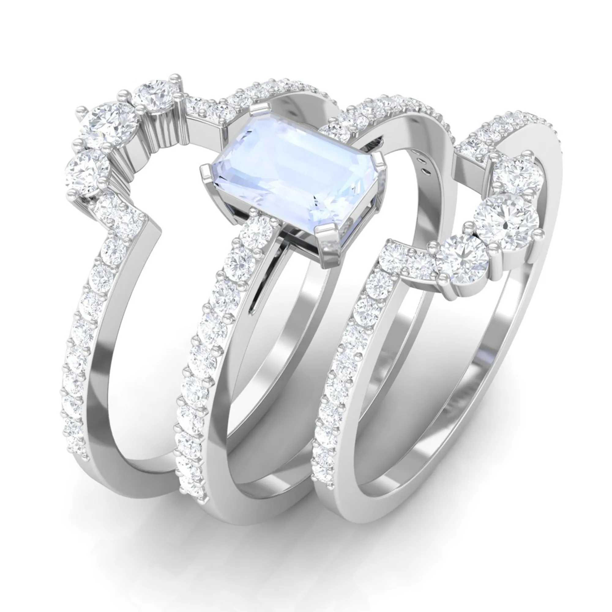 Octagon Cut Moonstone Solitaire Trio Ring Set with Moissanite