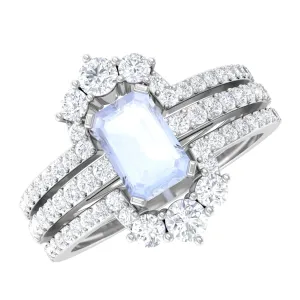 Octagon Cut Moonstone Solitaire Trio Ring Set with Moissanite