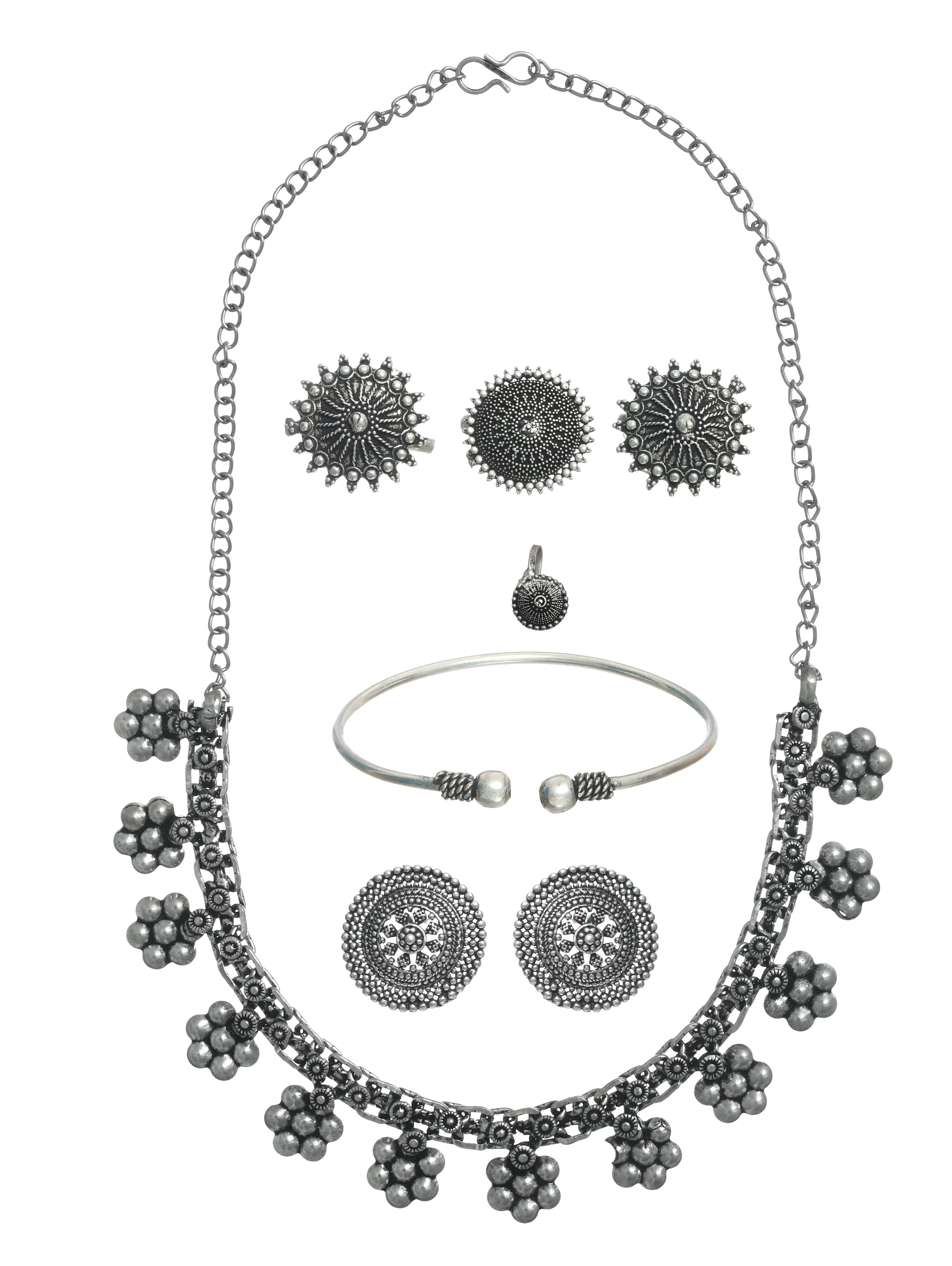 Oxidised Silver-Plated German Silver Jewellery Set With Bracelet,Ring & Toe Ring