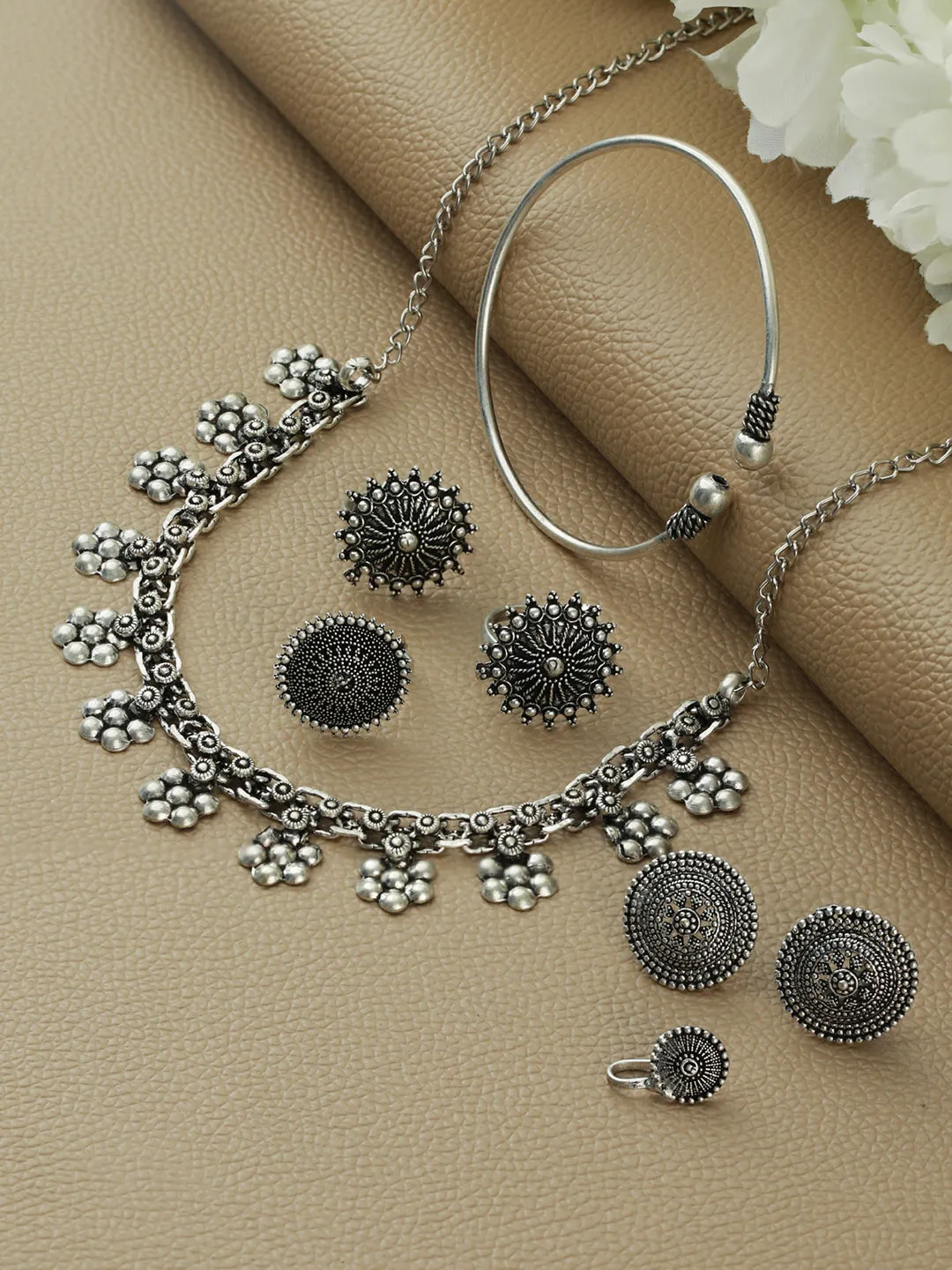 Oxidised Silver-Plated German Silver Jewellery Set With Bracelet,Ring & Toe Ring