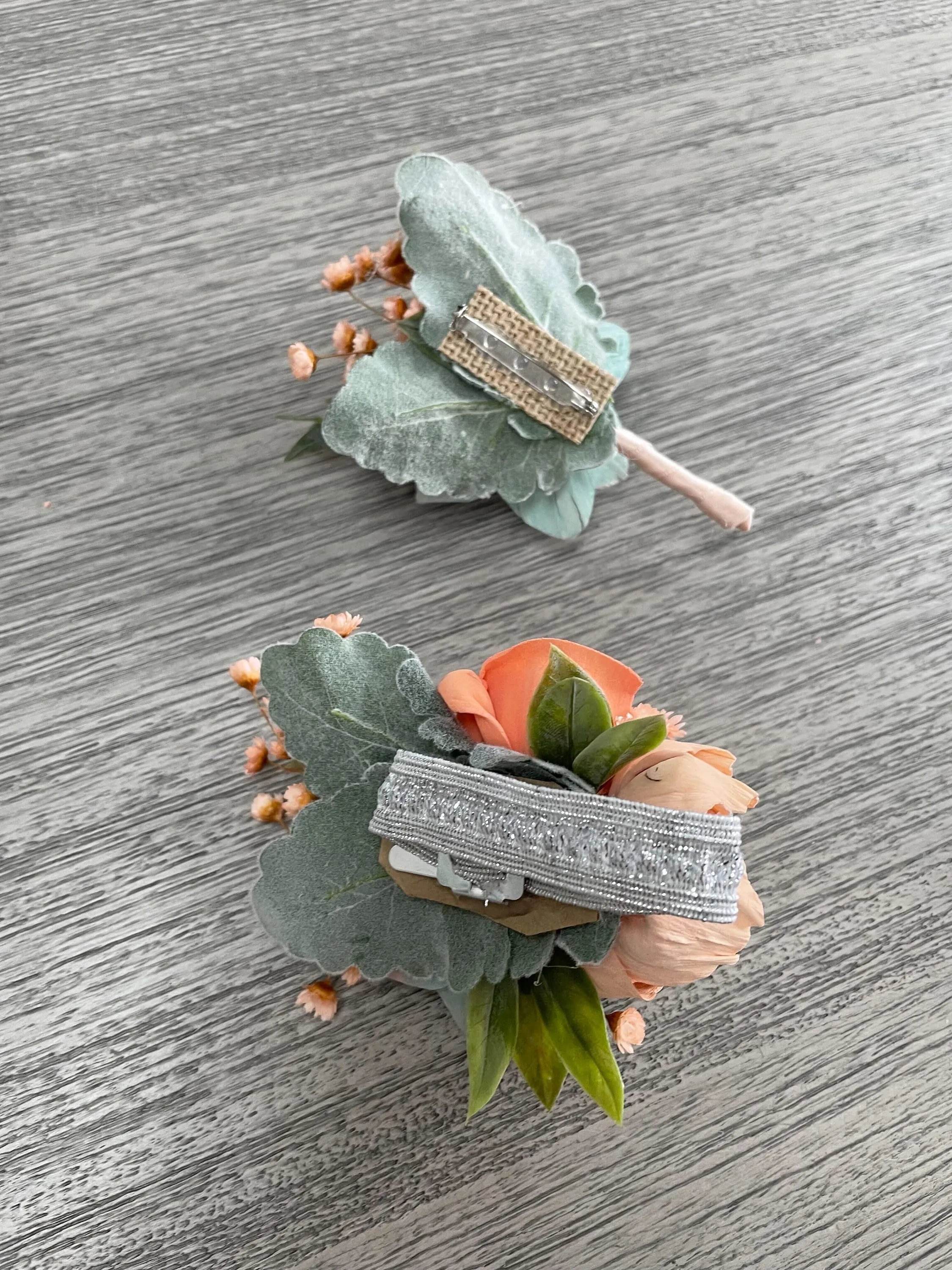 Peach Coral and Seafoam Boutonniere and Corsage Set