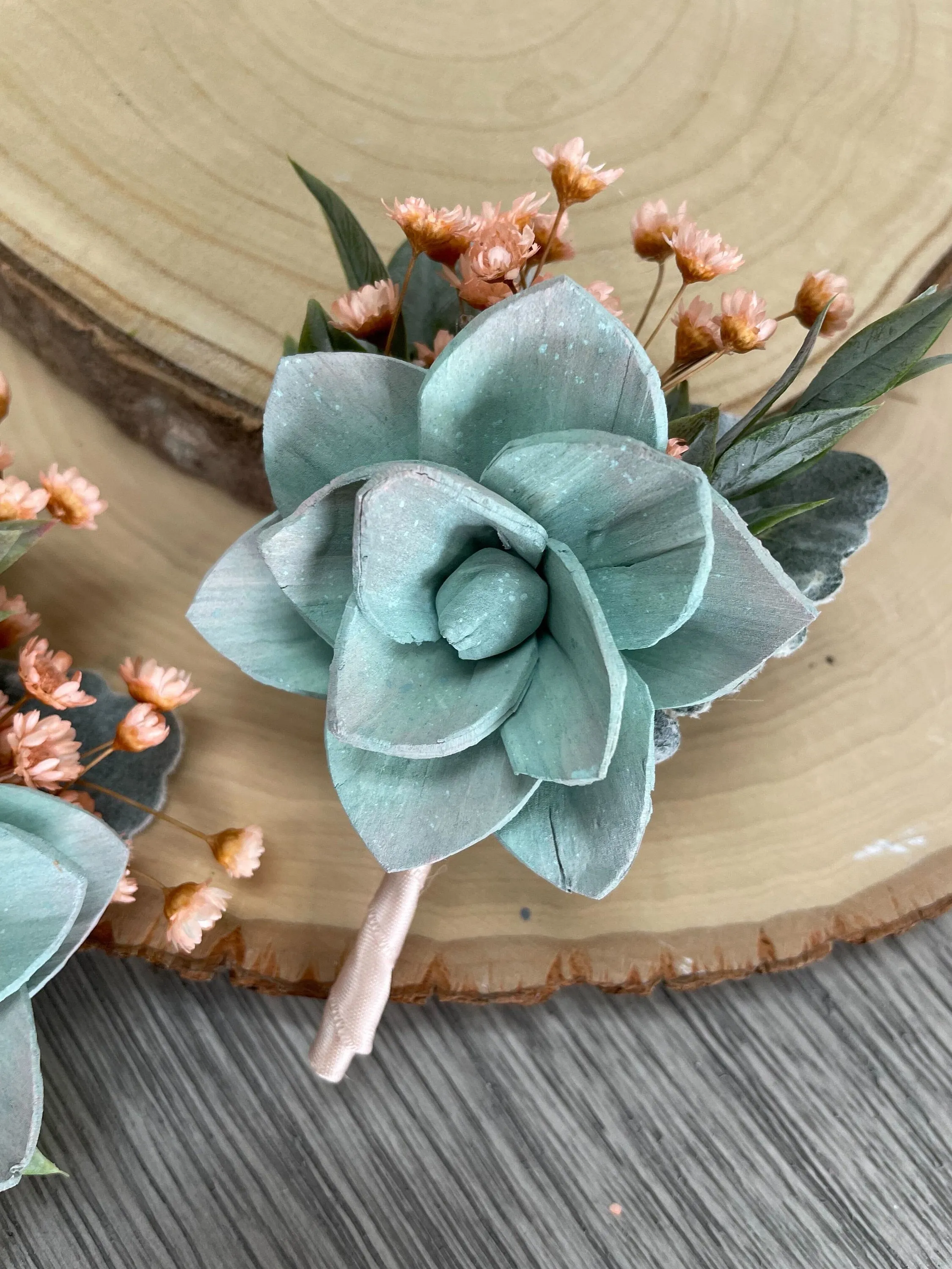 Peach Coral and Seafoam Boutonniere and Corsage Set