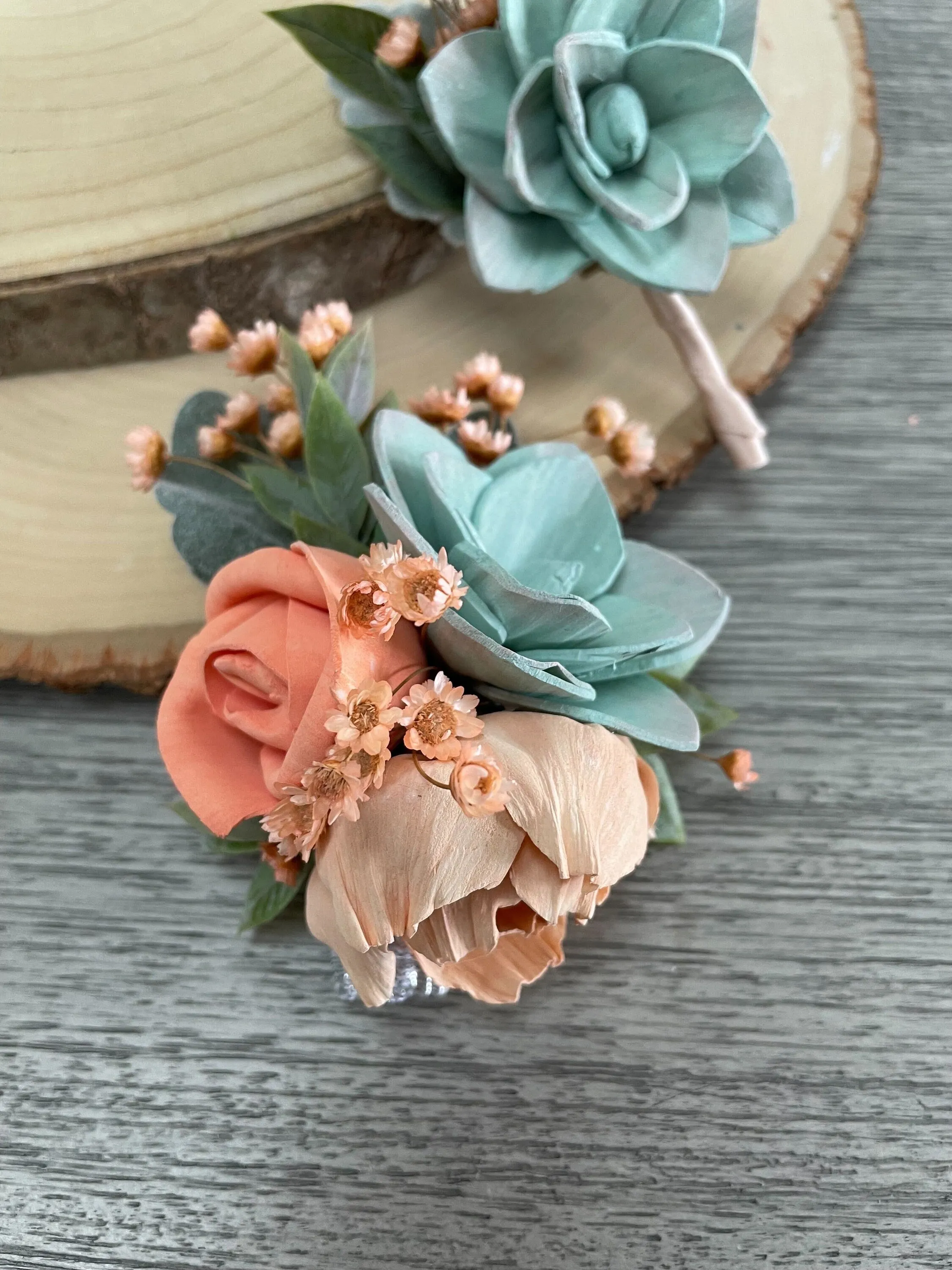 Peach Coral and Seafoam Boutonniere and Corsage Set