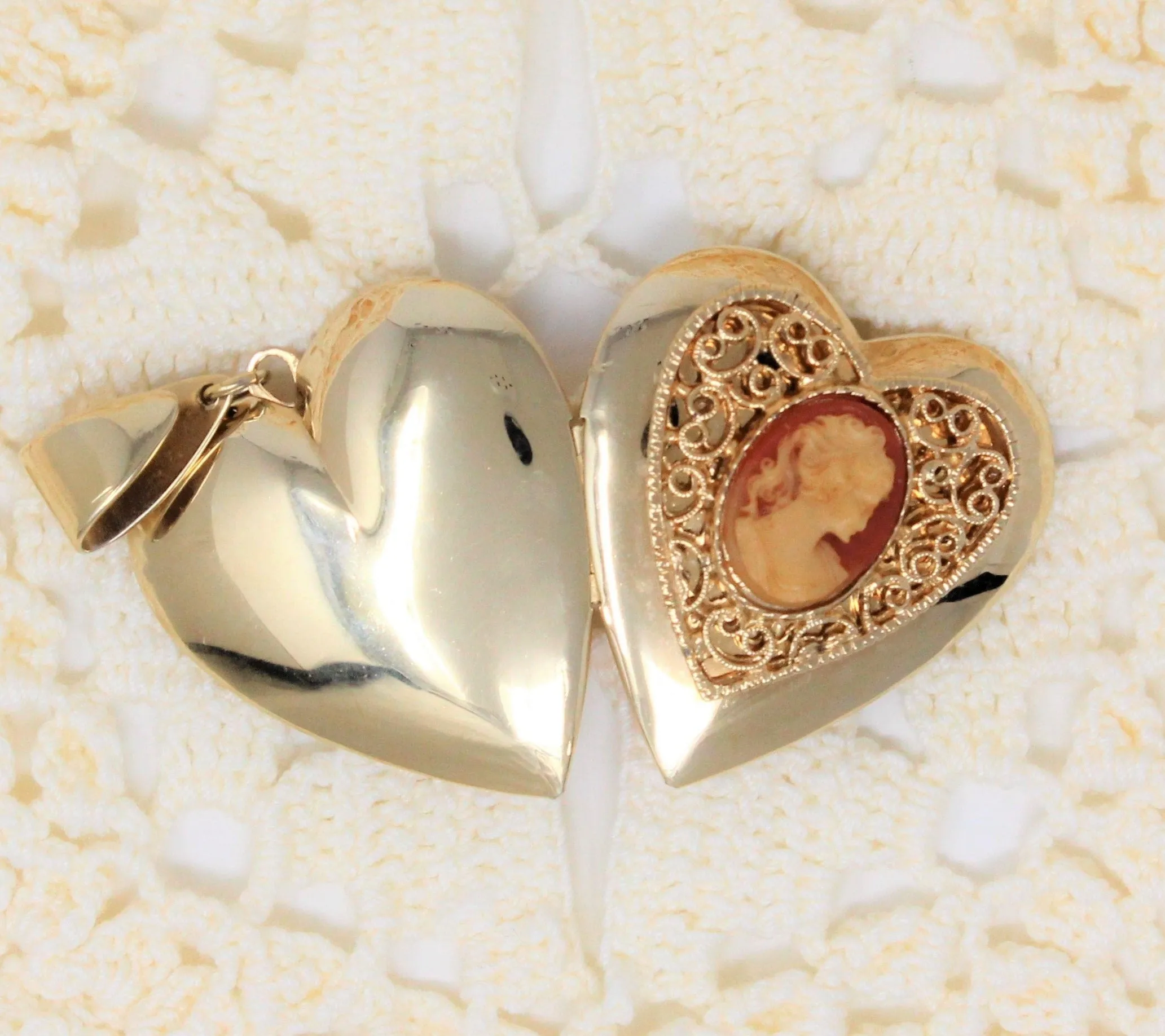 Pendant, Cameo on Heart Shaped Locket, Filigree, Gold-Tone, Vintage, SOLD