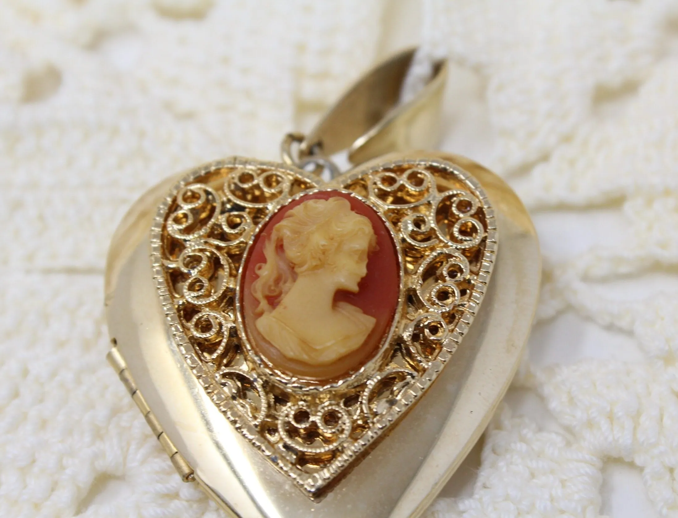 Pendant, Cameo on Heart Shaped Locket, Filigree, Gold-Tone, Vintage, SOLD