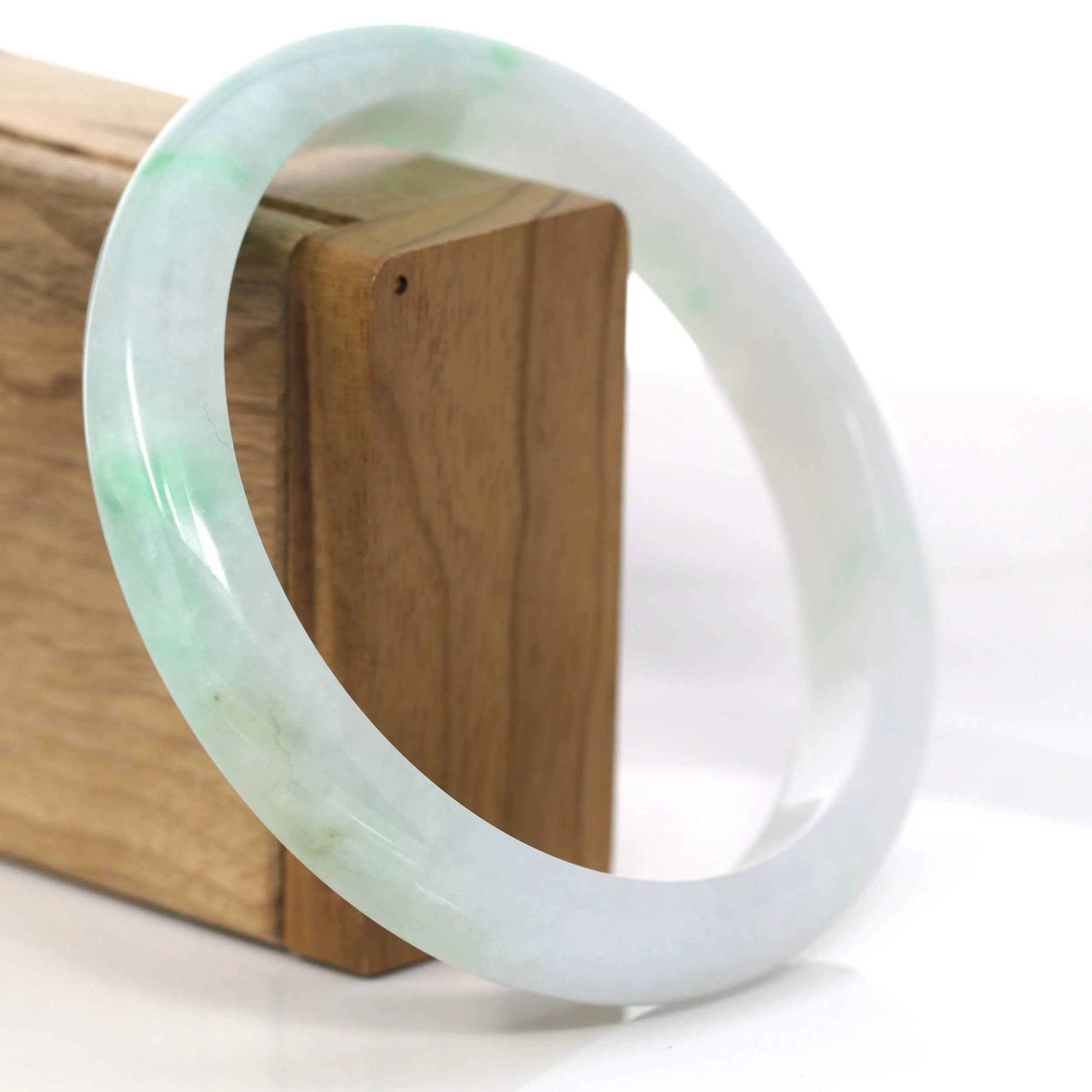 "Classic Bangle" Burmese White & Green Jadeite Jade Men's Bangle Bracelet (75.73 mm) #712