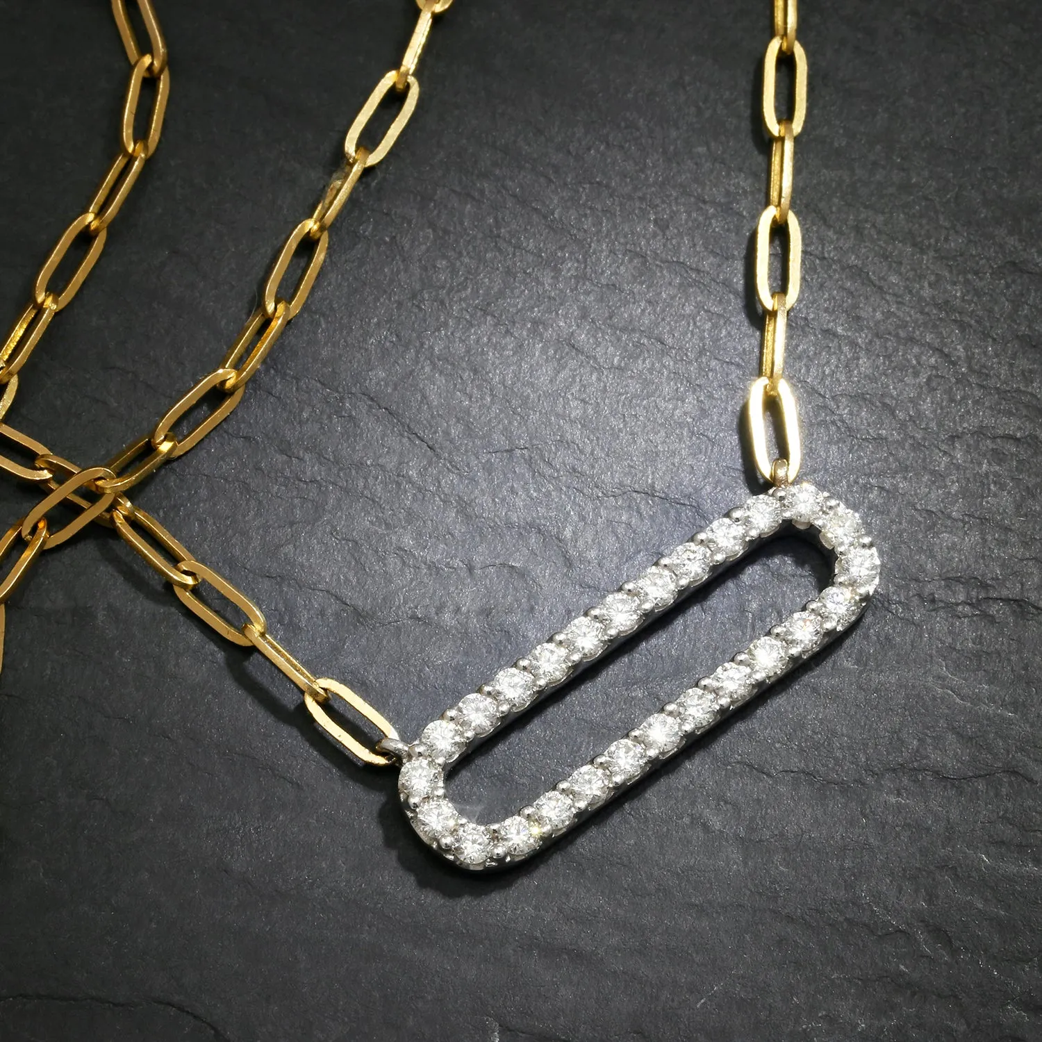 Rectangular Pendant Link Necklace with Diamonds Two-Tone Gold