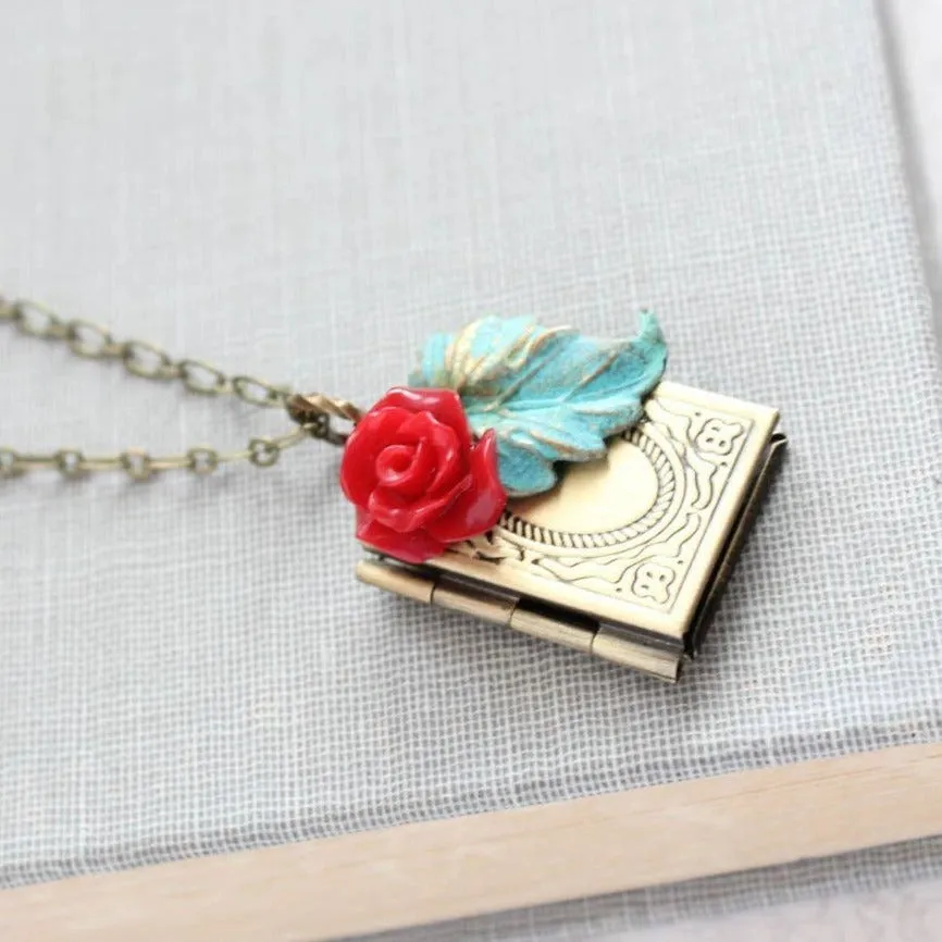 Red Rose Book Locket Necklace