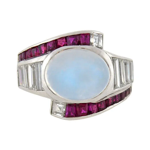 Retro Platinum Moonstone, Diamond & Ruby Ring