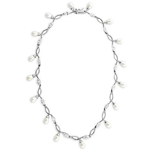 Rhodium 925 Sterling Silver Necklace with Synthetic Pearl in White for Women Style 7X420