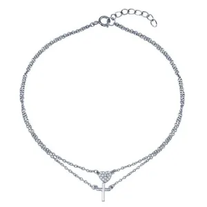 Rhodium Plated 925 Sterling Silver Double Row CZ Heart Cross Anklet