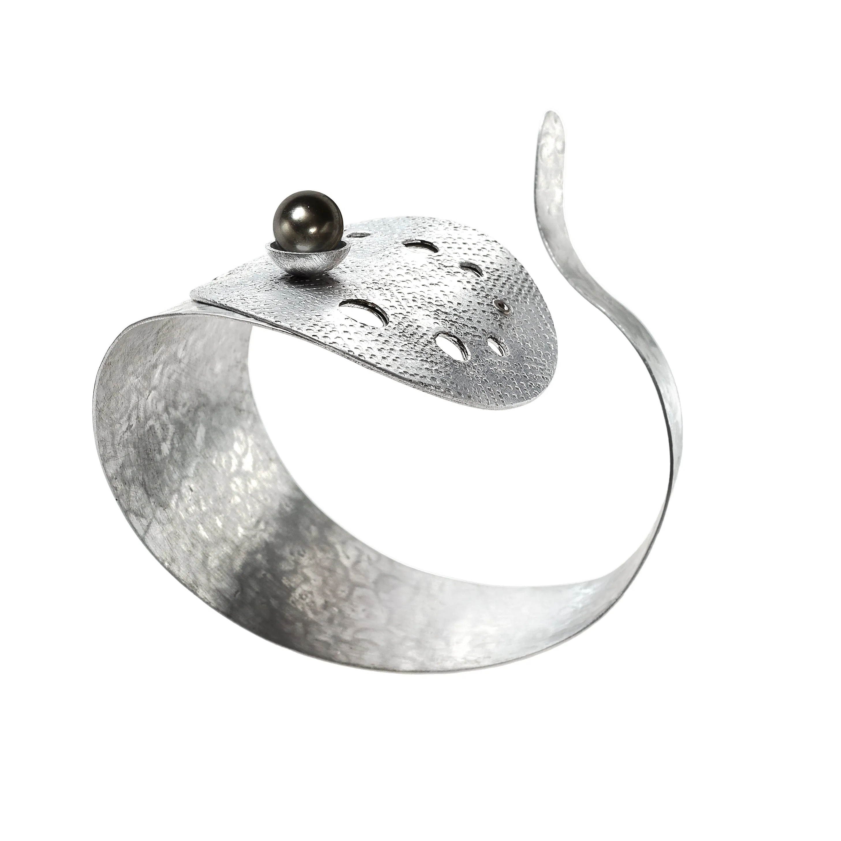 RIPPLE Ocean Inspired Aluminum Spiral Cuff with simulated Pearl from the WATER Collection