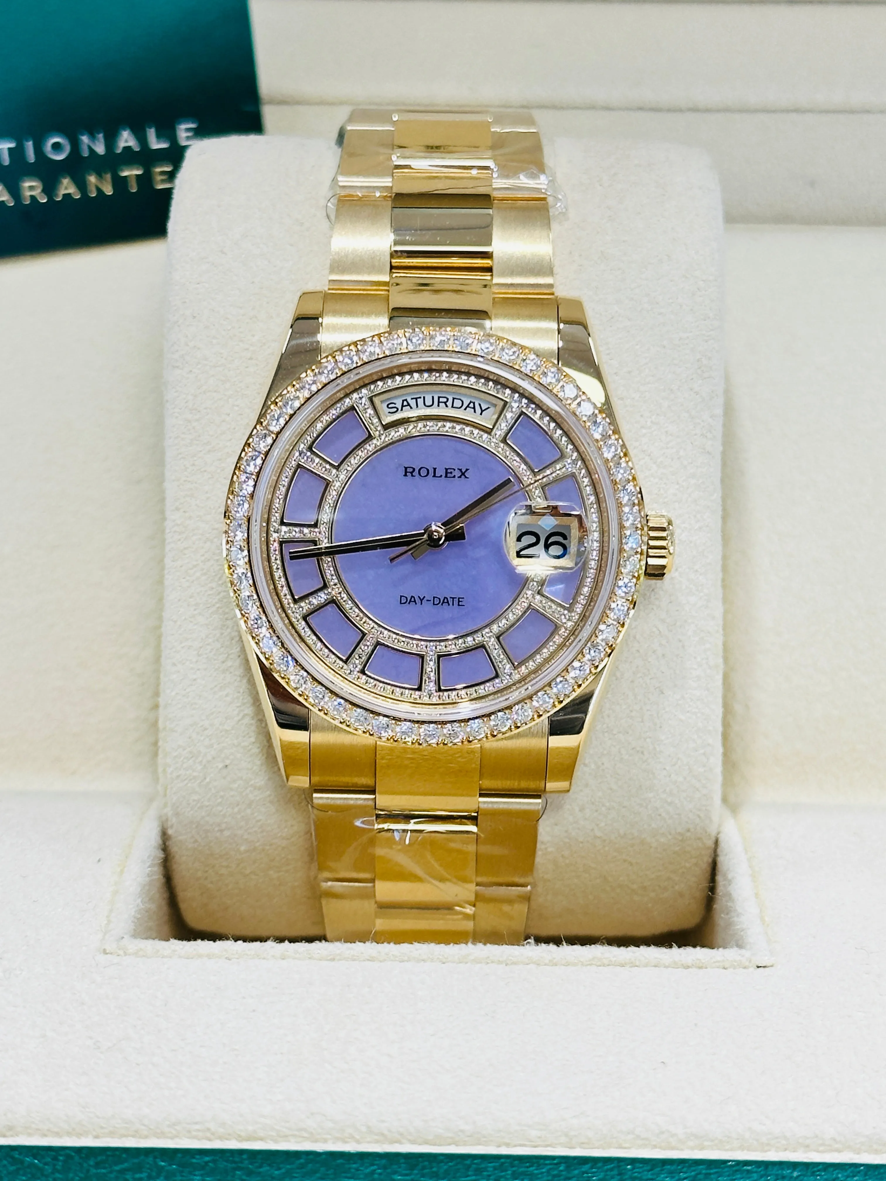 Rolex Day-Date 36 118348 Factory Diamond Bezel Factory Diamond Lavender Jade Carousel Dial  Box & Papers Unworn