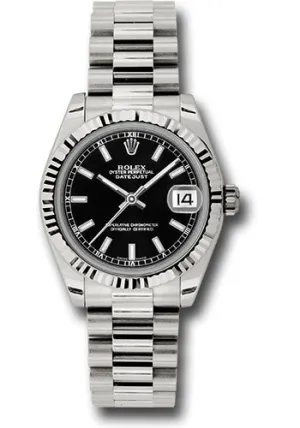 Rolex White Gold Datejust 31 Watch - Fluted Bezel - Black Index Dial - President Bracelet 178279 bkip