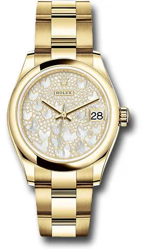 Rolex Yellow Gold Datejust 31 Watch - Domed Bezel - Paved Mother-of-Pearl Butterfly Dial - Oyster Bracelet 278248 pmopbo