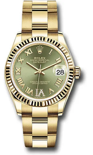 Rolex Yellow Gold Datejust 31 Watch - Fluted Bezel - Olive Green Diamond Six Dial - Oyster Bracelet 278278 ogdr6o