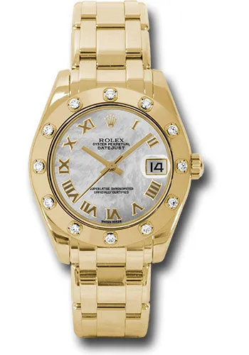 Rolex Yellow Gold Datejust Pearlmaster 34 Watch - 12 Diamond Bezel - White Mother-Of-Pearl Roman Dial - 81318 mr