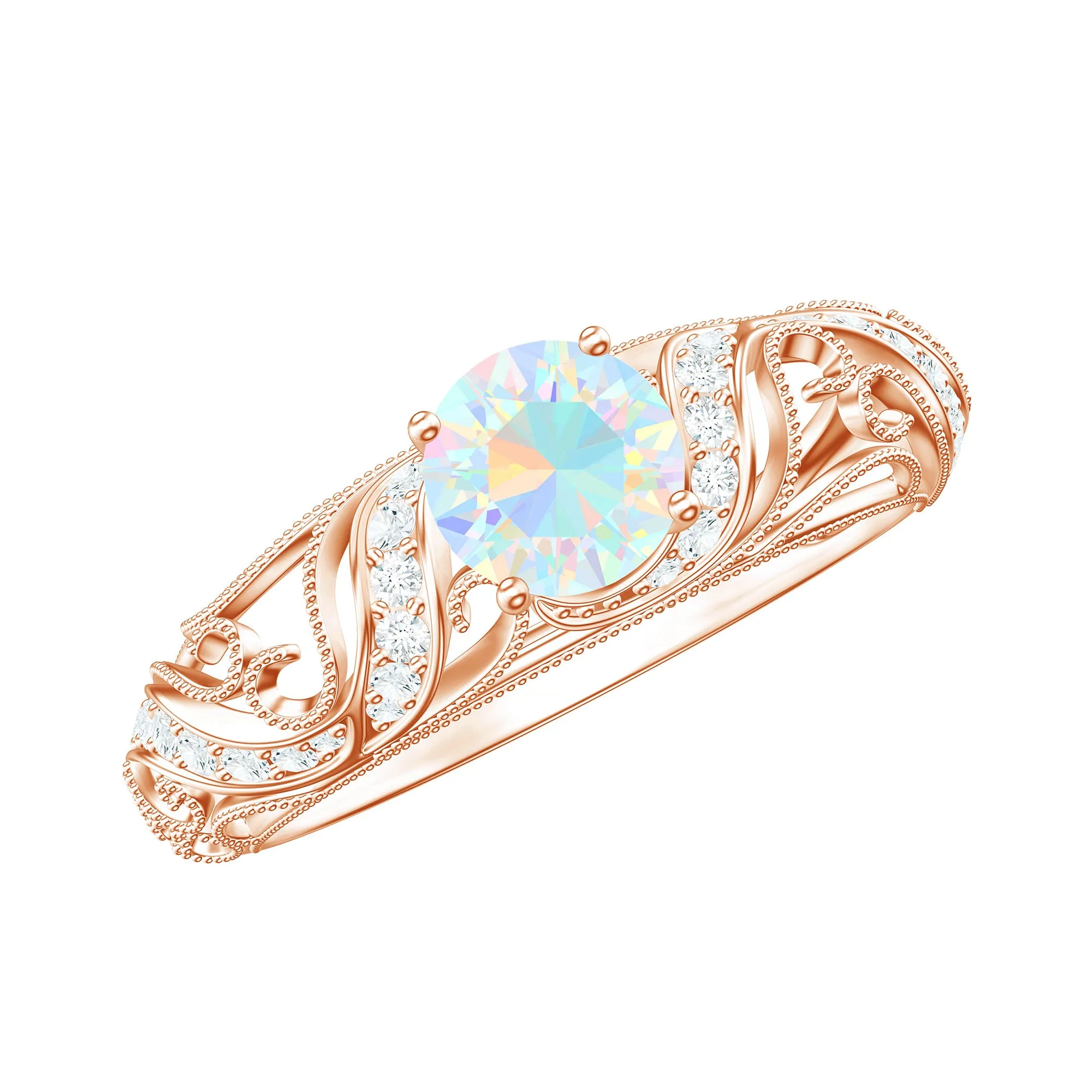 Round Shape Genuine Ethiopian Opal Vintage Inspired Engagement Ring with Diamond