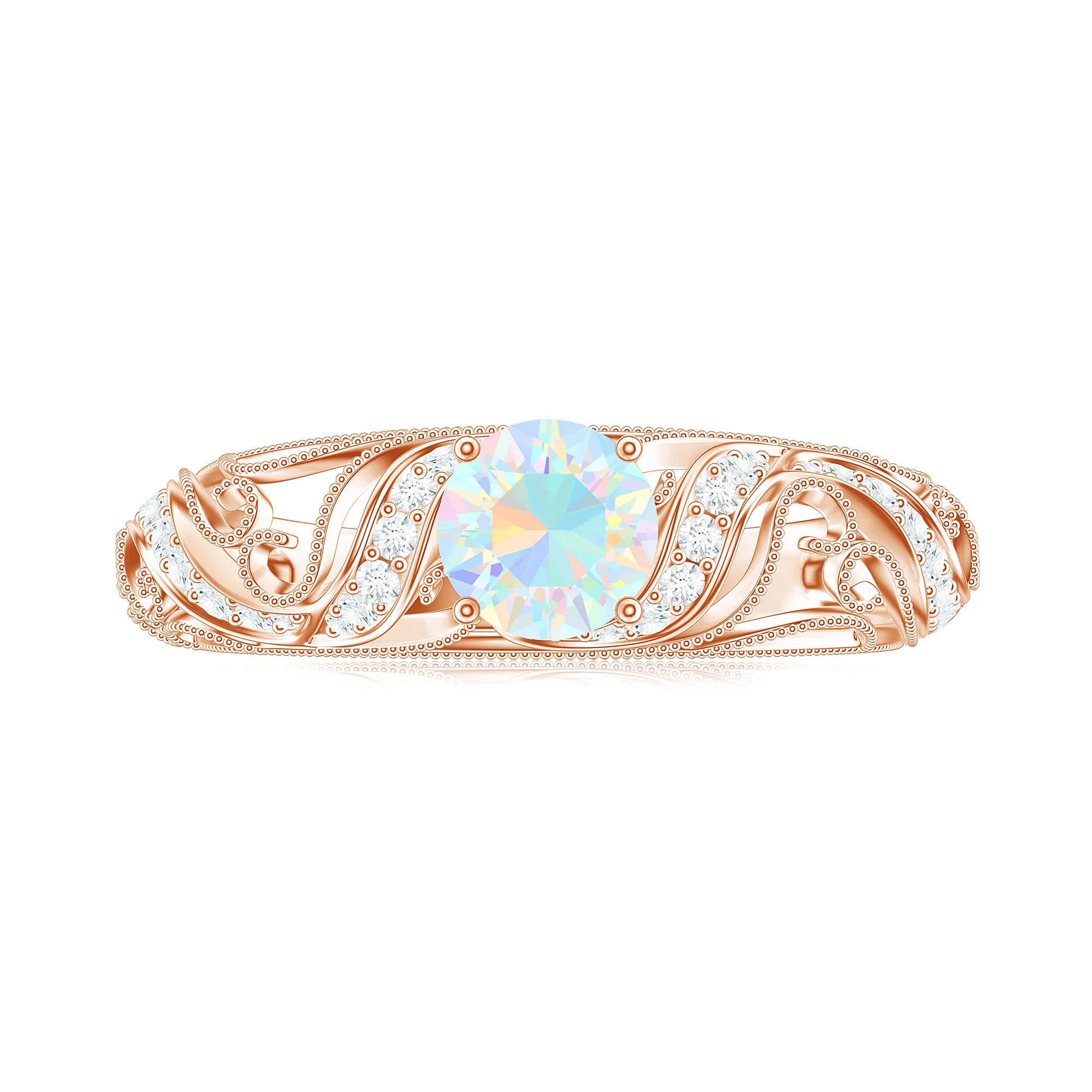 Round Shape Genuine Ethiopian Opal Vintage Inspired Engagement Ring with Diamond