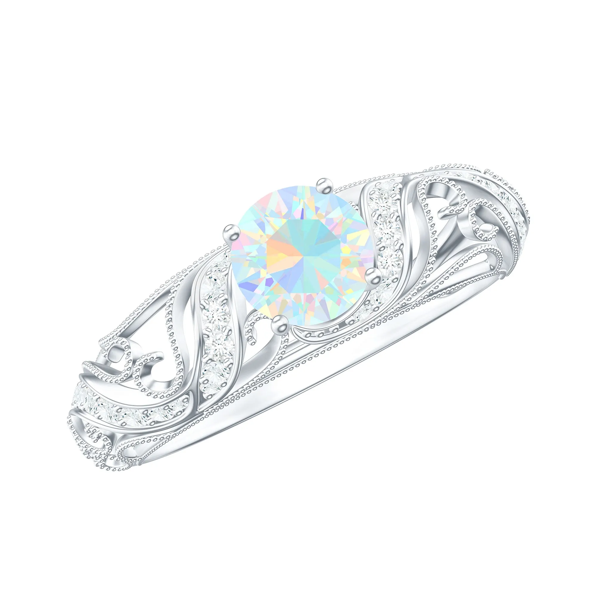 Round Shape Genuine Ethiopian Opal Vintage Inspired Engagement Ring with Diamond