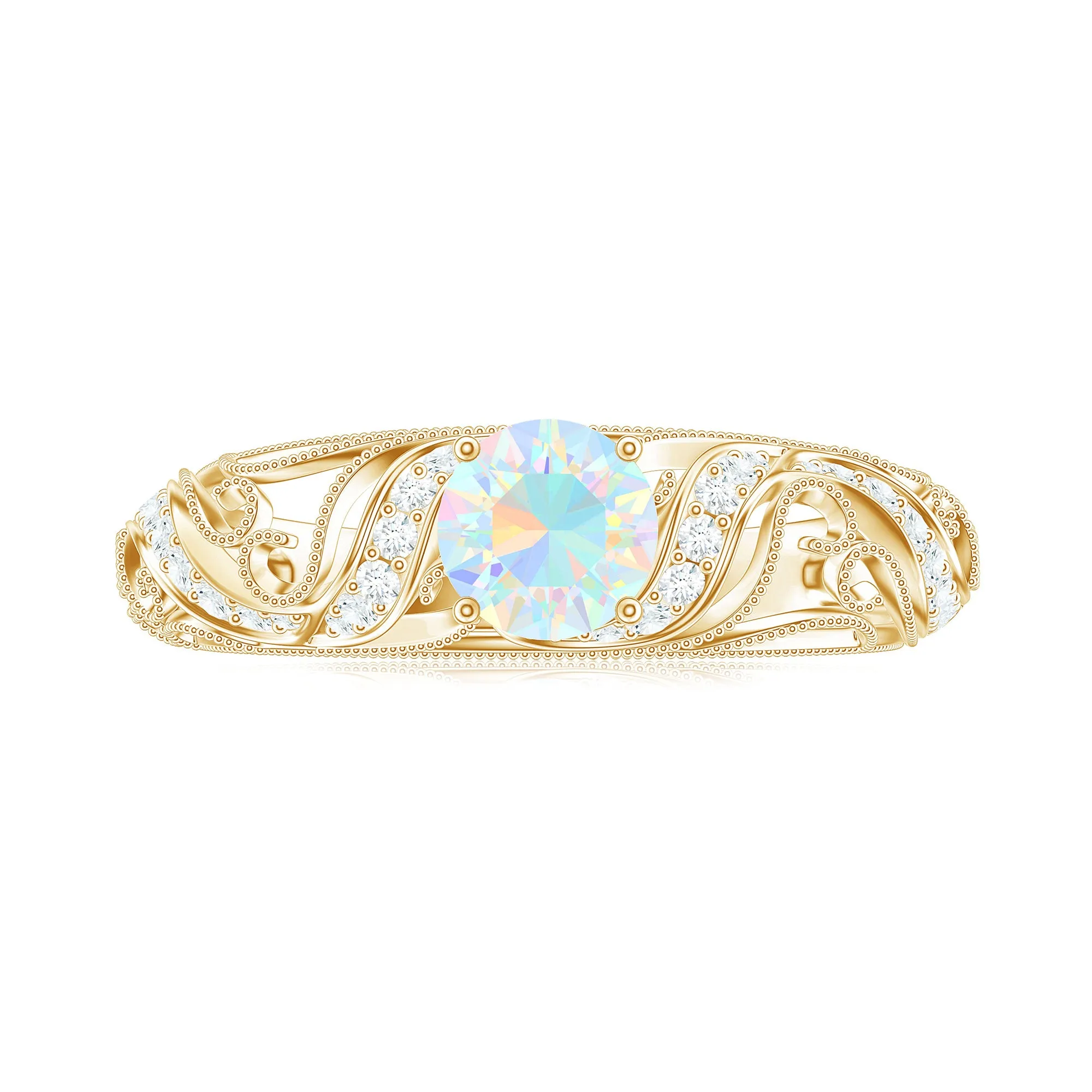 Round Shape Genuine Ethiopian Opal Vintage Inspired Engagement Ring with Diamond