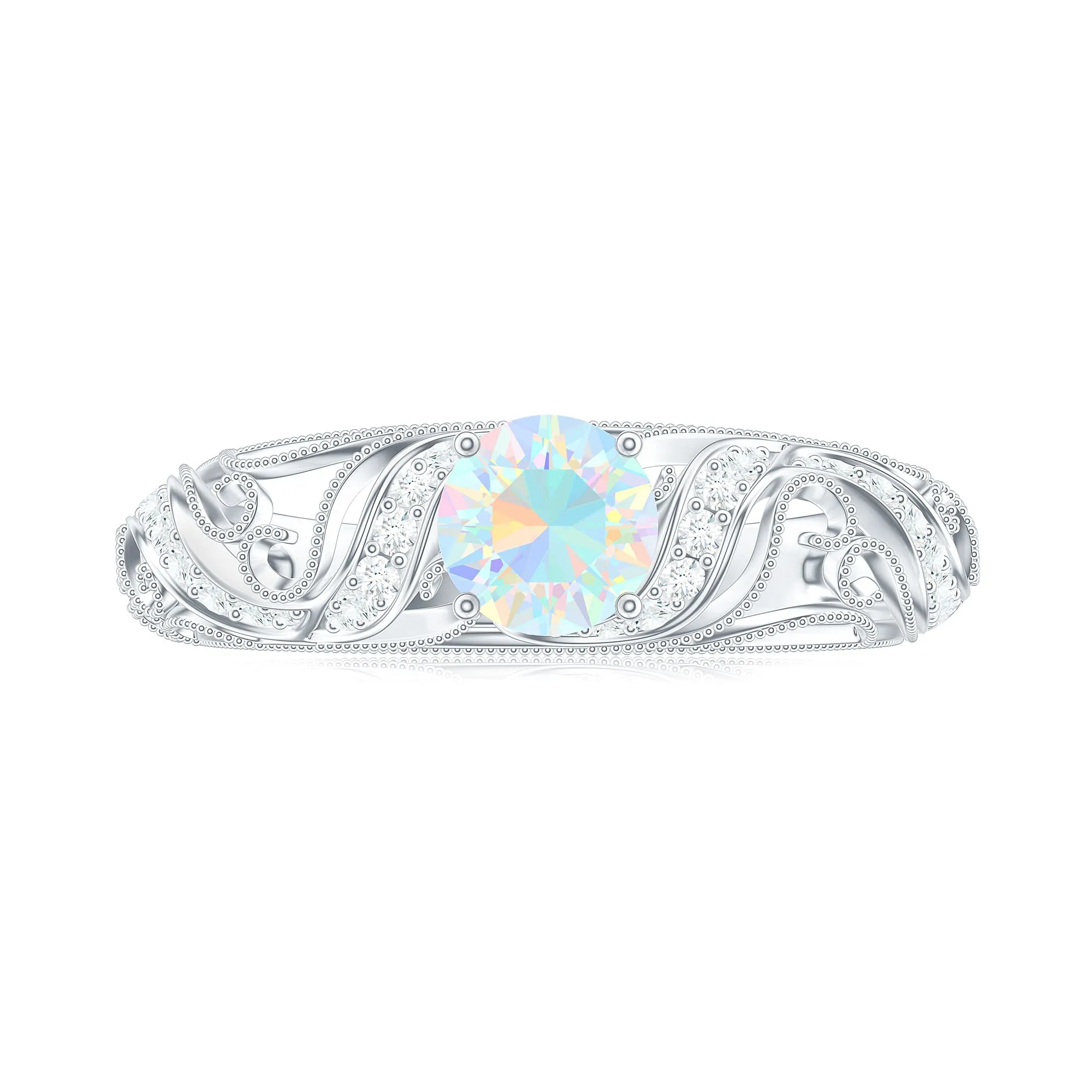 Round Shape Genuine Ethiopian Opal Vintage Inspired Engagement Ring with Diamond